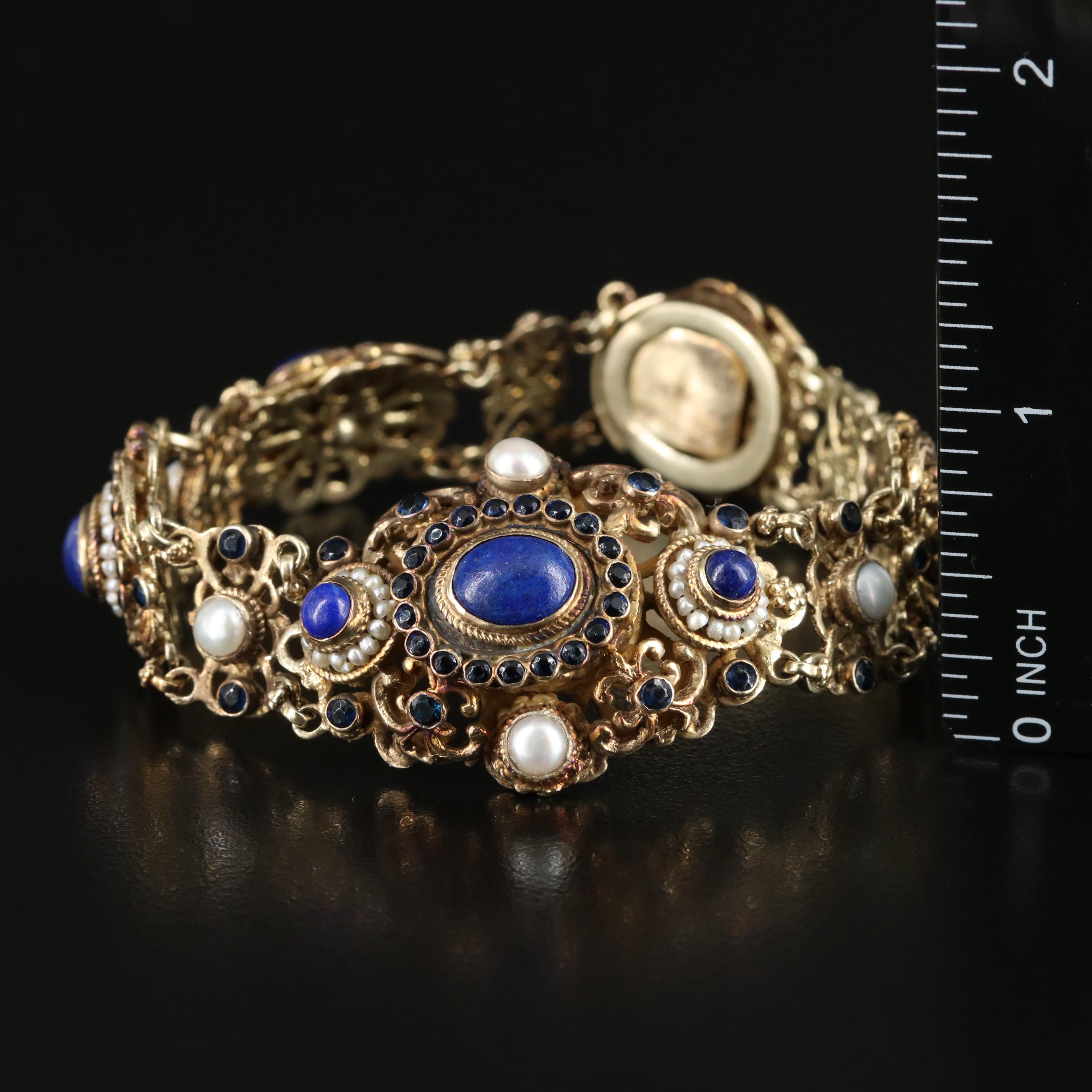 Austro-Hungarian Lapis Lazuli and Pearl Bracelet with Blue Glass Paste Accents