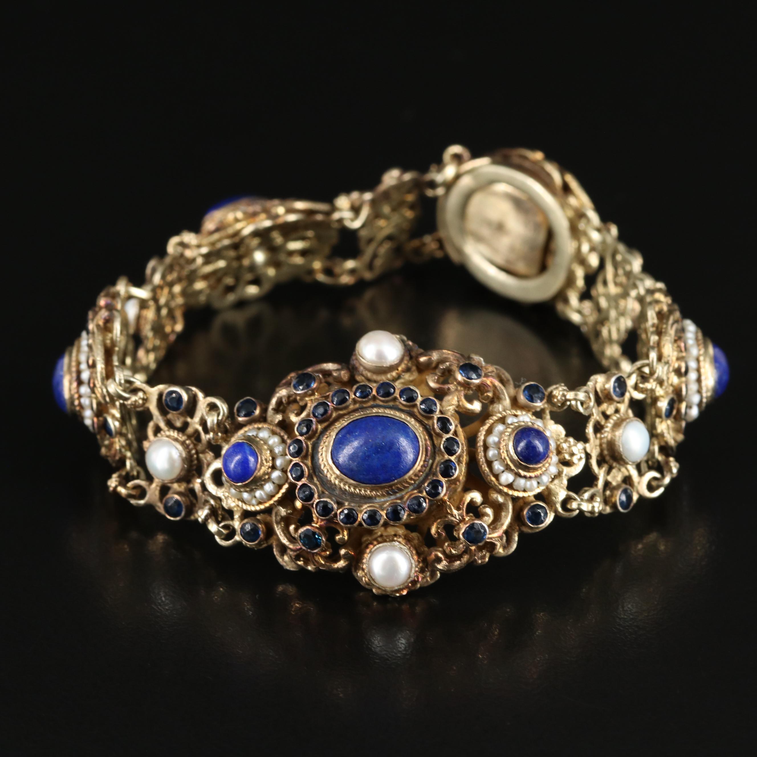 Austro-Hungarian Lapis Lazuli and Pearl Bracelet with Blue Glass Paste Accents