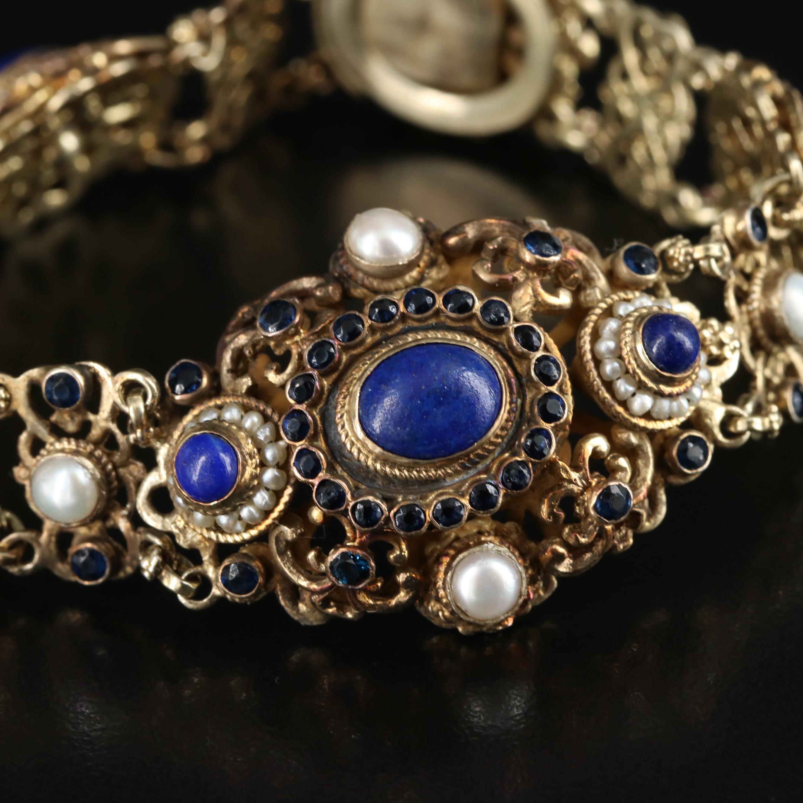 Austro-Hungarian Lapis Lazuli and Pearl Bracelet with Blue Glass Paste Accents