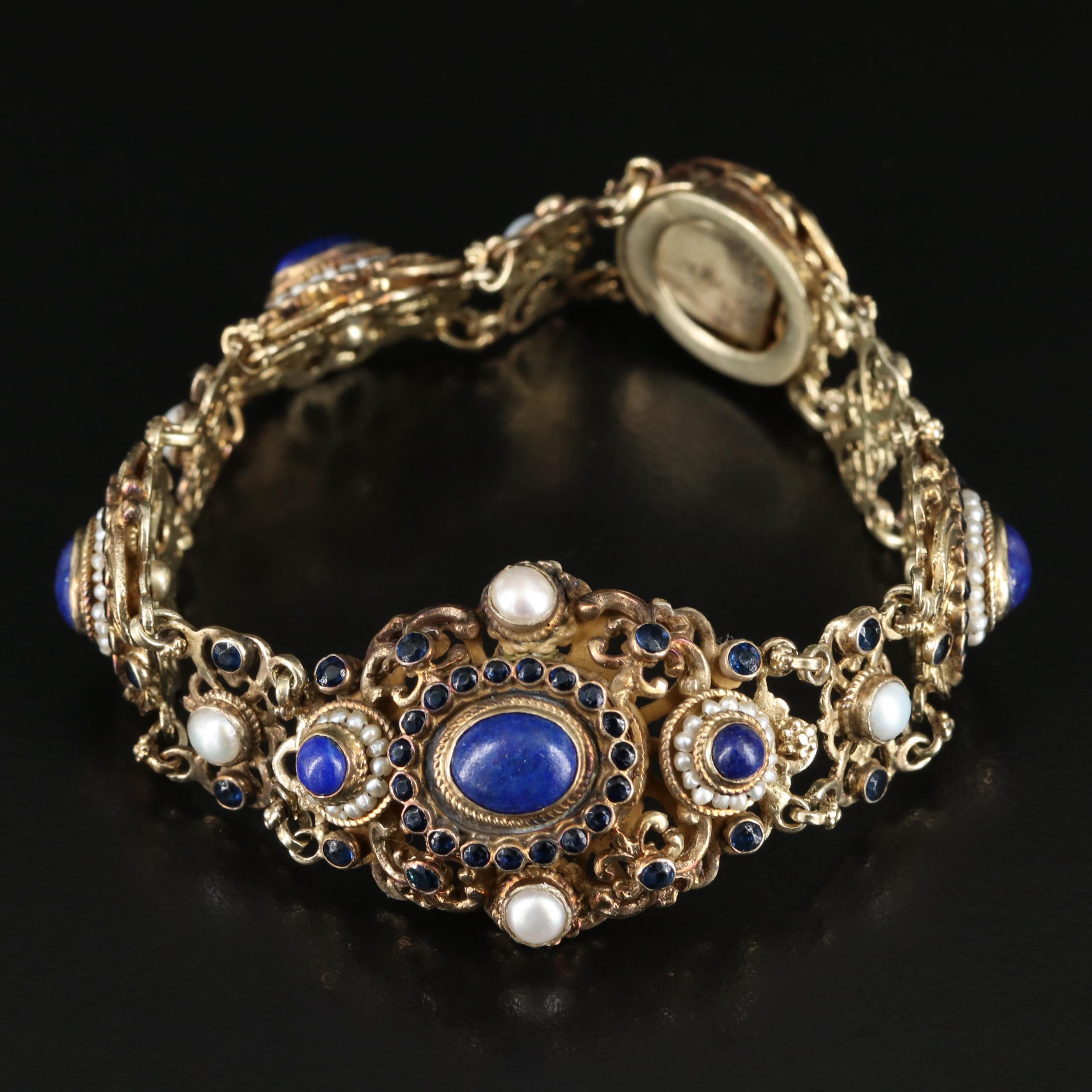 Austro-Hungarian Lapis Lazuli and Pearl Bracelet with Blue Glass Paste Accents