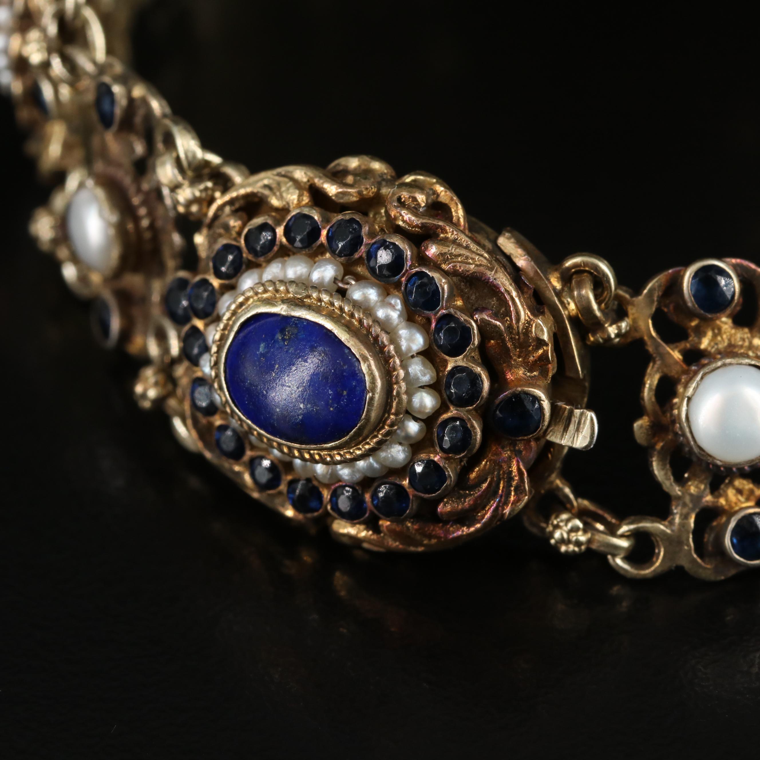 Austro-Hungarian Lapis Lazuli and Pearl Bracelet with Blue Glass Paste Accents