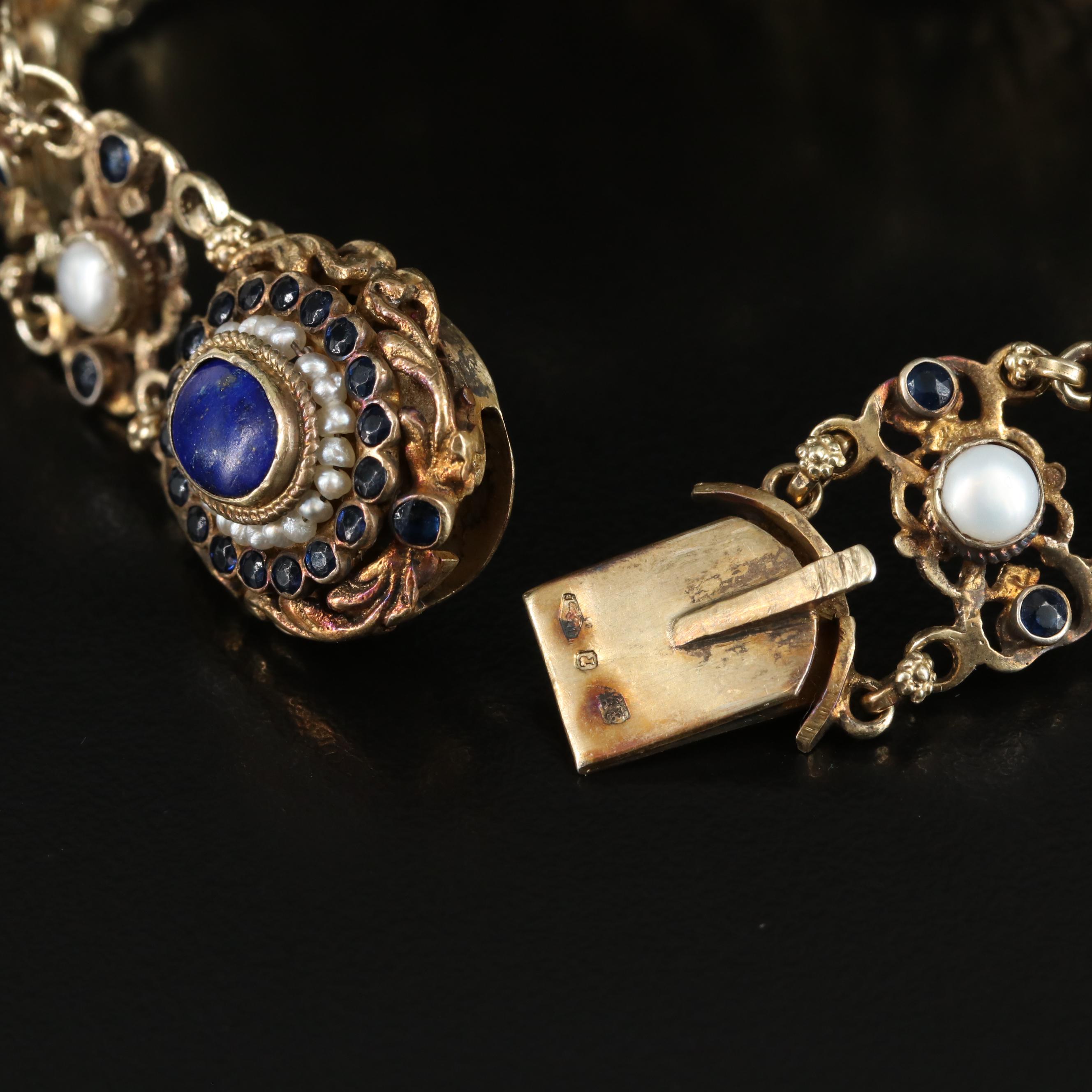Austro-Hungarian Lapis Lazuli and Pearl Bracelet with Blue Glass Paste Accents