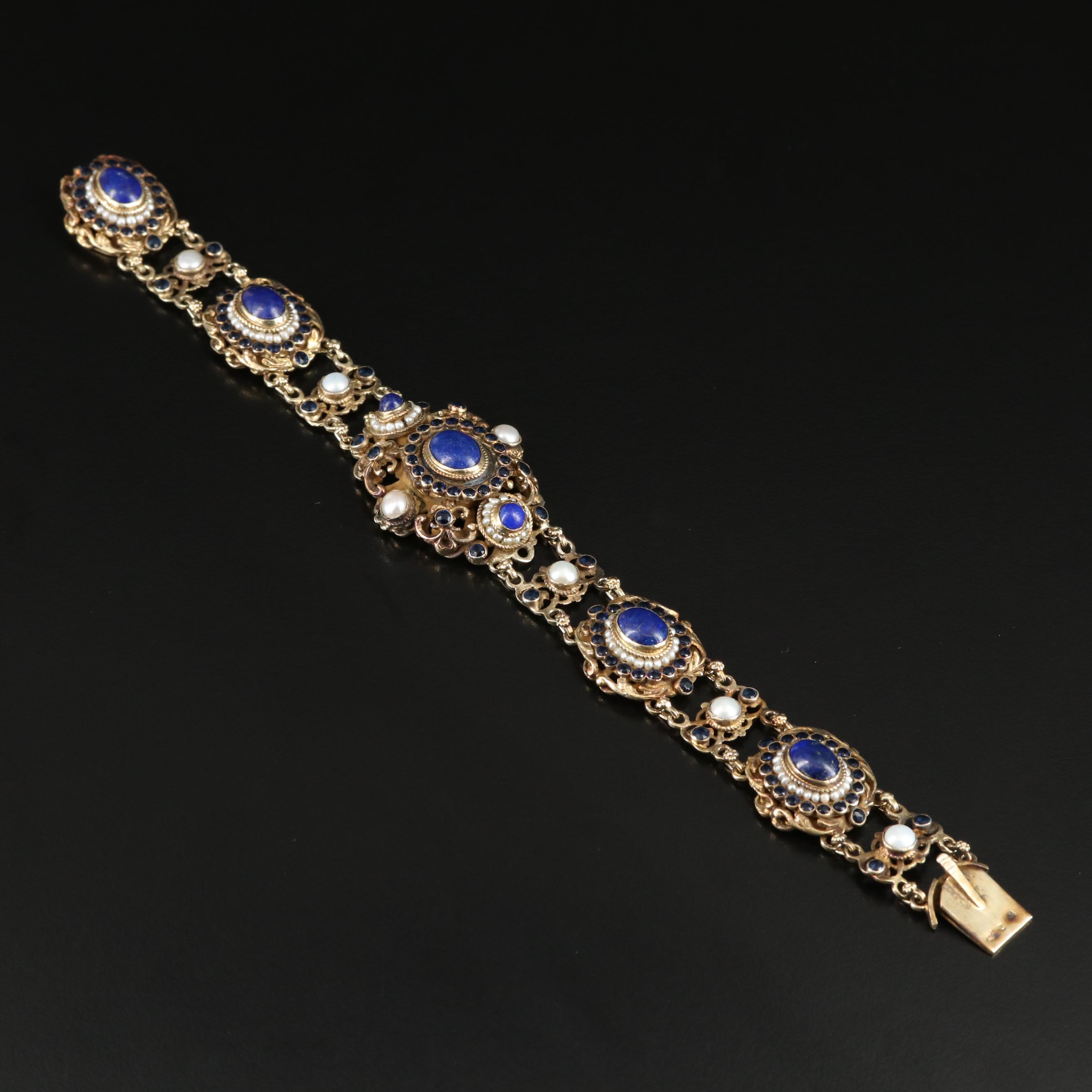 Austro-Hungarian Lapis Lazuli and Pearl Bracelet with Blue Glass Paste Accents