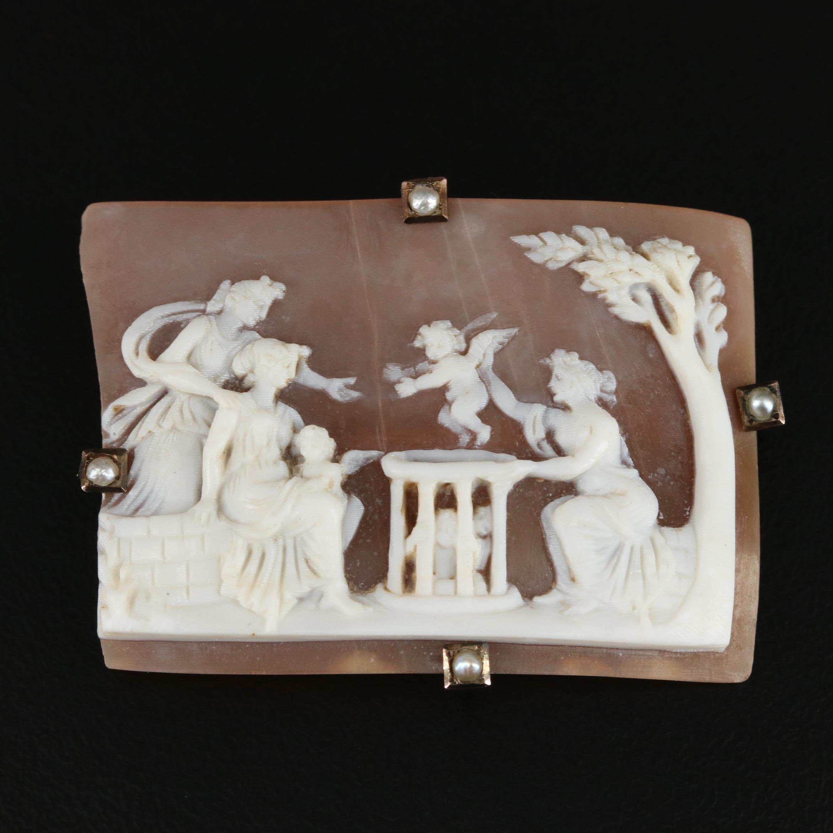Victorian "The Cupid Seller" 8K Shell Cameo Pin with Pearl Accents
