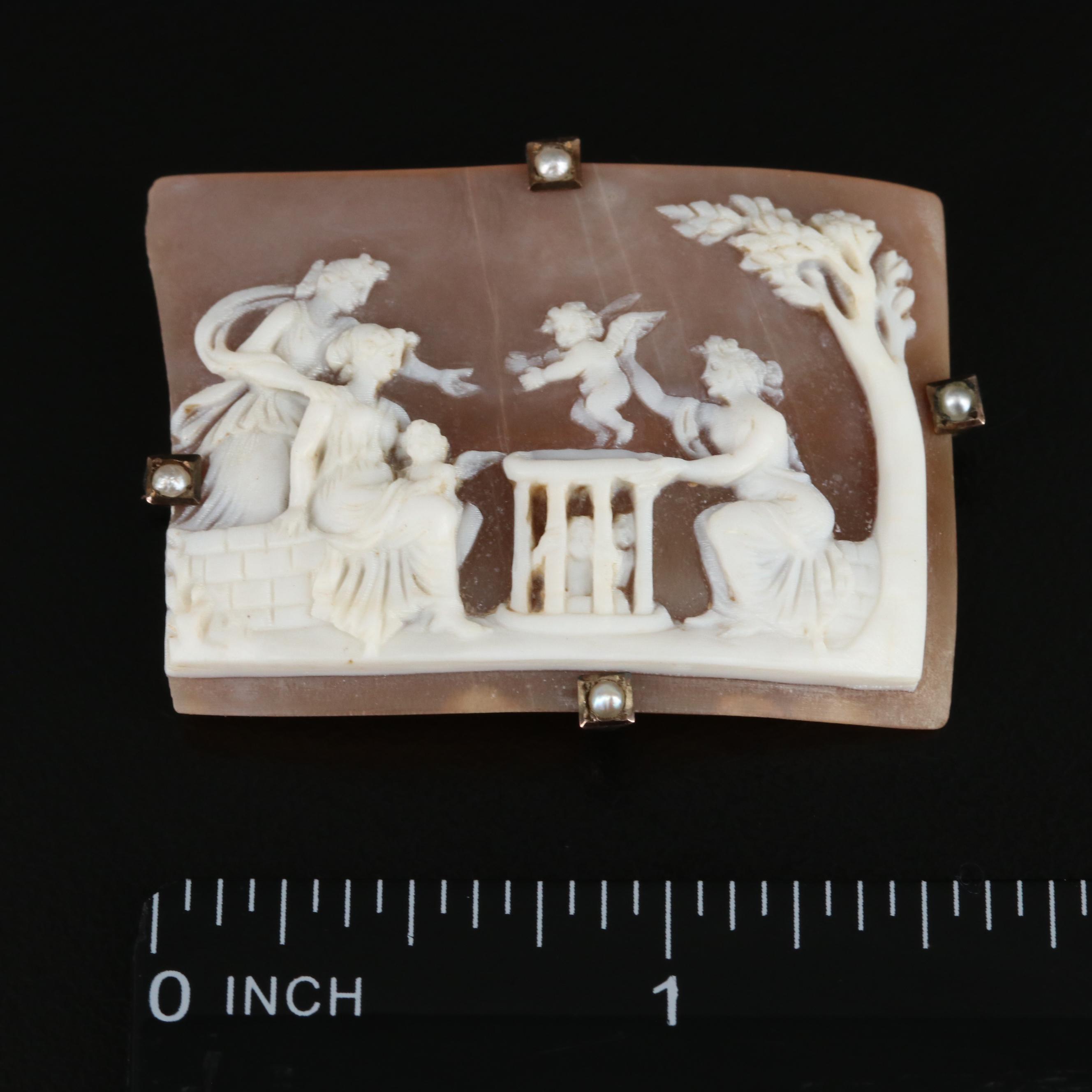 Victorian "The Cupid Seller" 8K Shell Cameo Pin with Pearl Accents