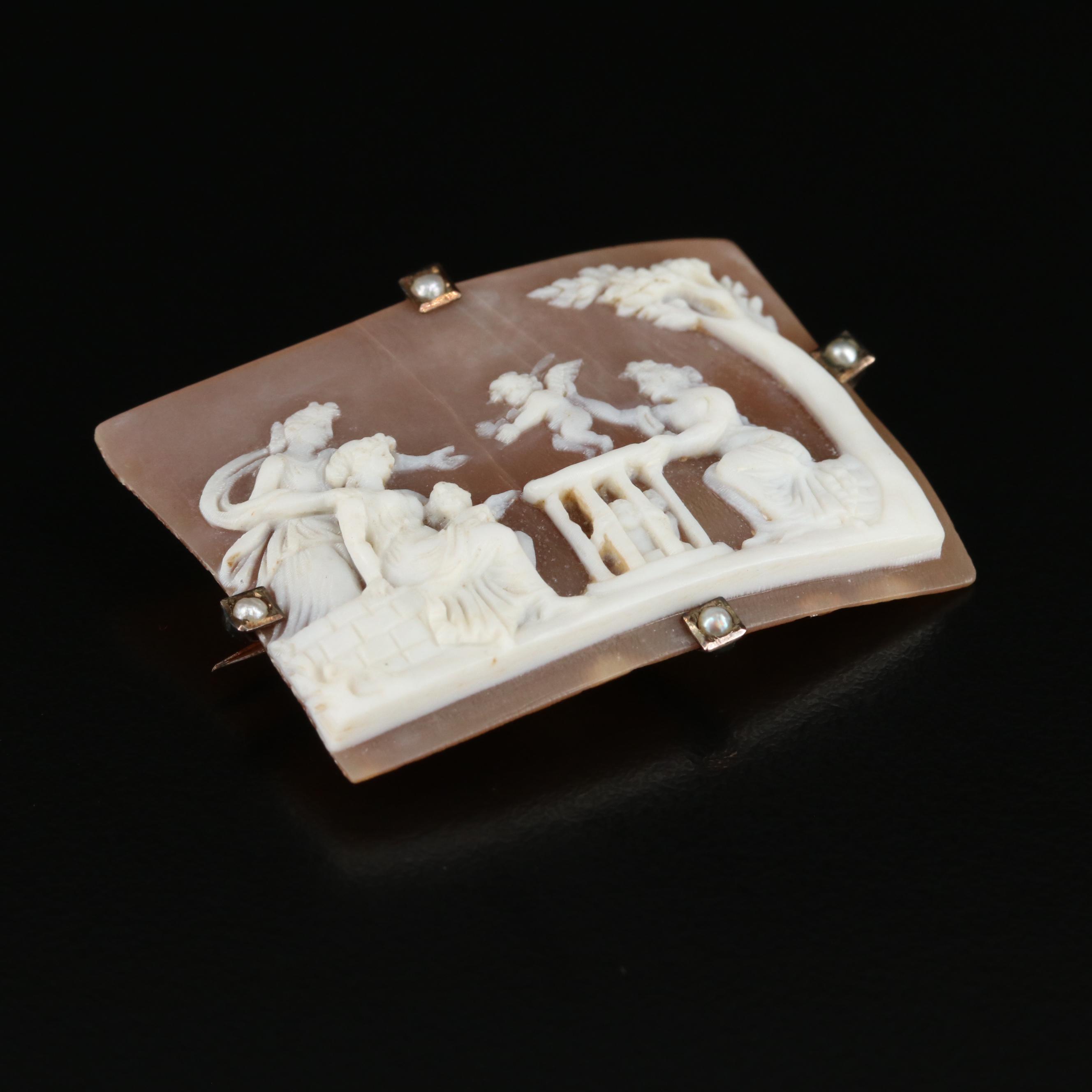 Victorian "The Cupid Seller" 8K Shell Cameo Pin with Pearl Accents