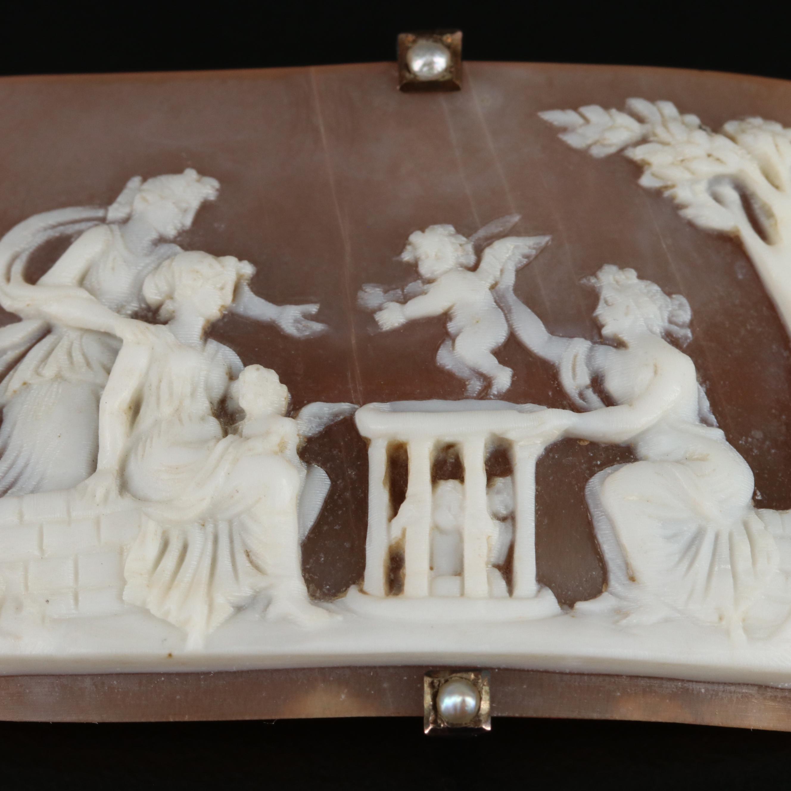 Victorian "The Cupid Seller" 8K Shell Cameo Pin with Pearl Accents