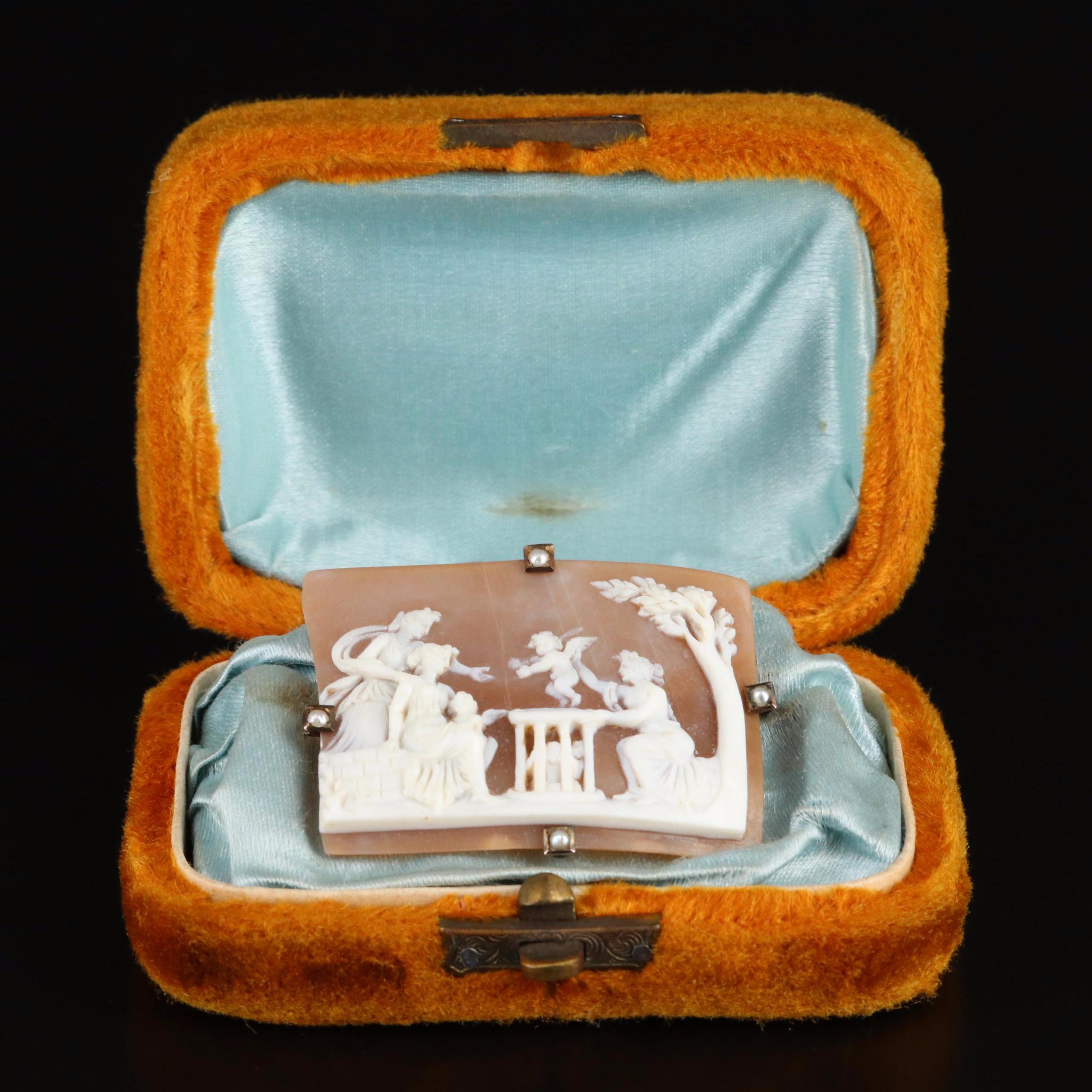 Victorian "The Cupid Seller" 8K Shell Cameo Pin with Pearl Accents
