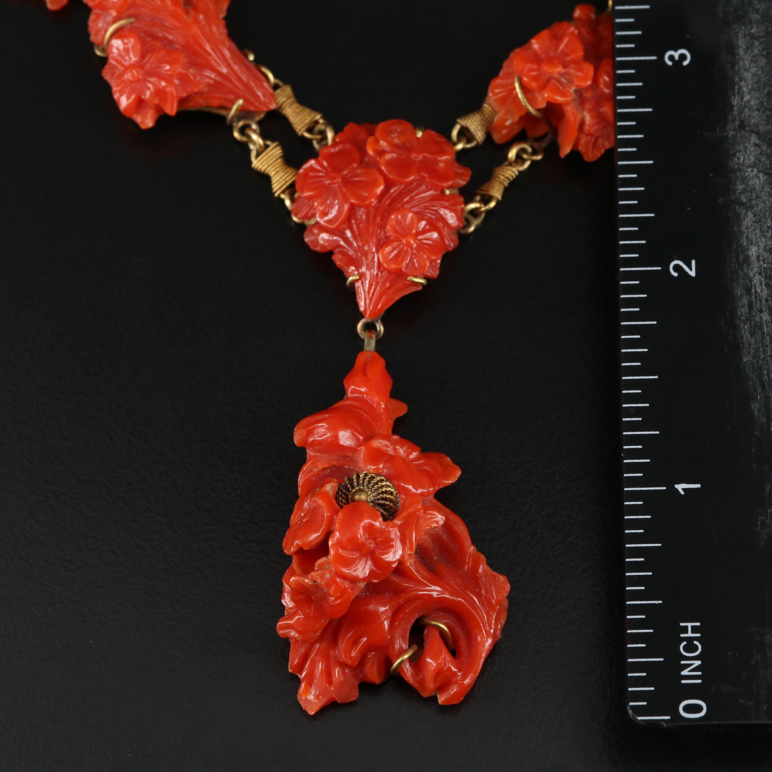Victorian 14K Carved Coral Flower Necklace