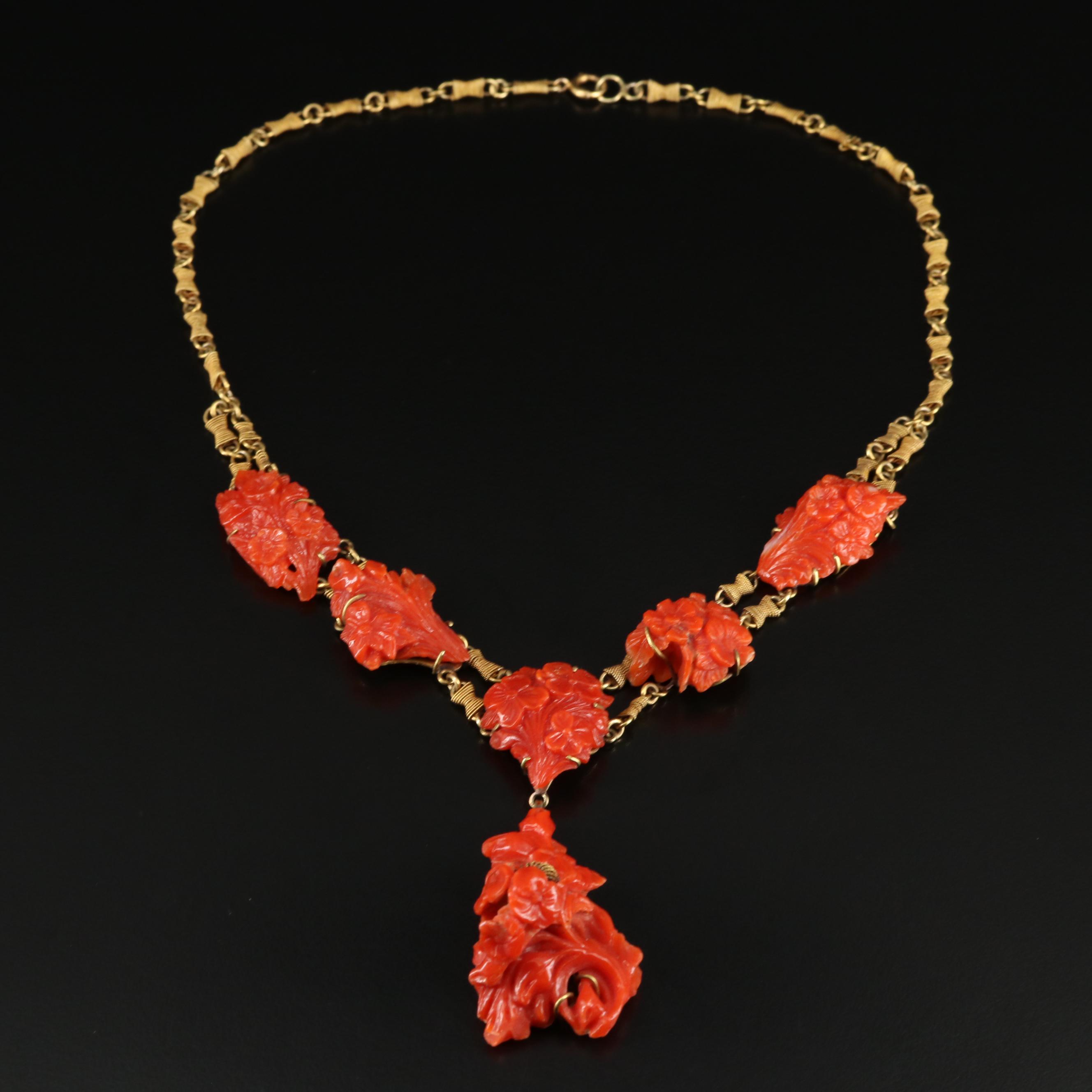 Victorian 14K Carved Coral Flower Necklace