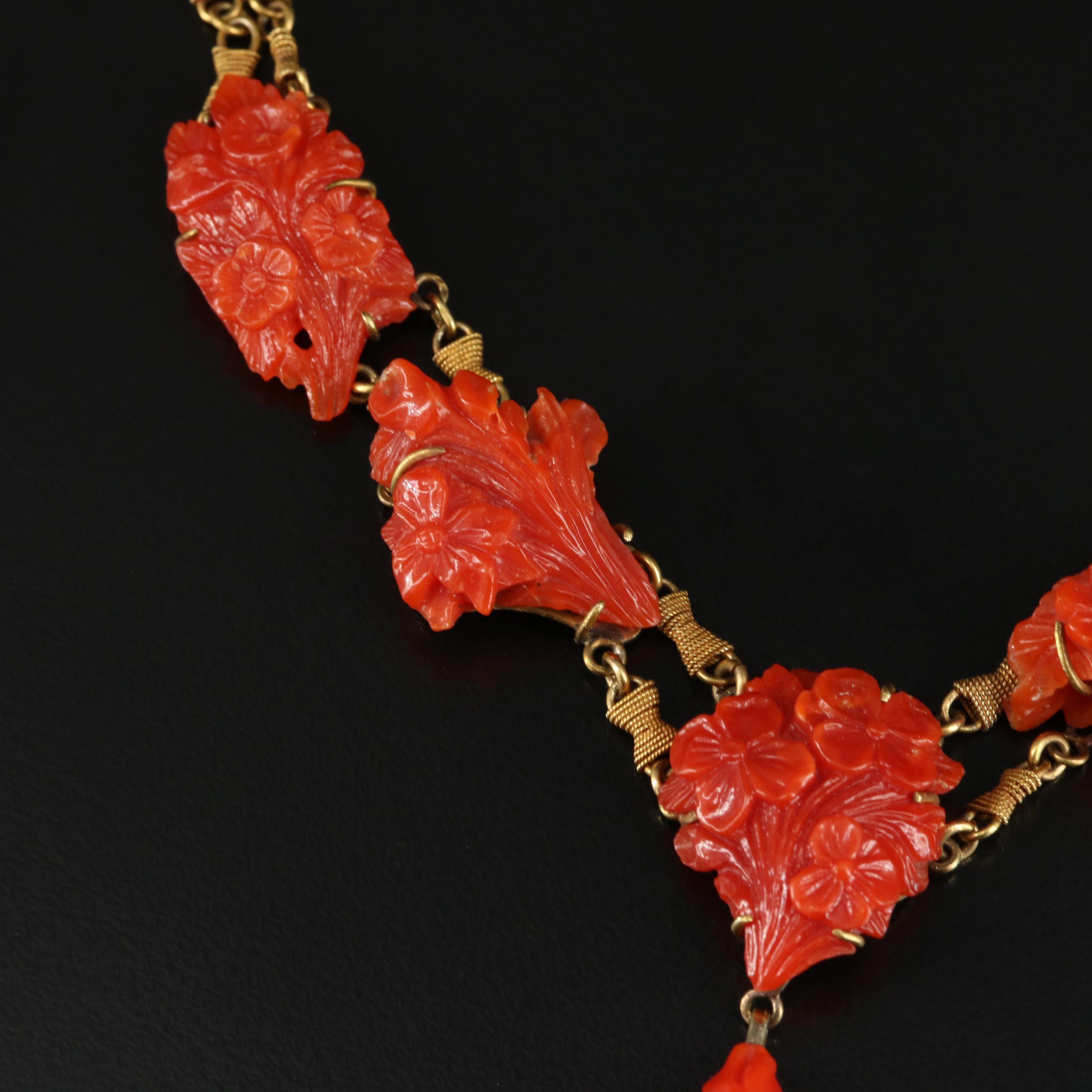 Victorian 14K Carved Coral Flower Necklace