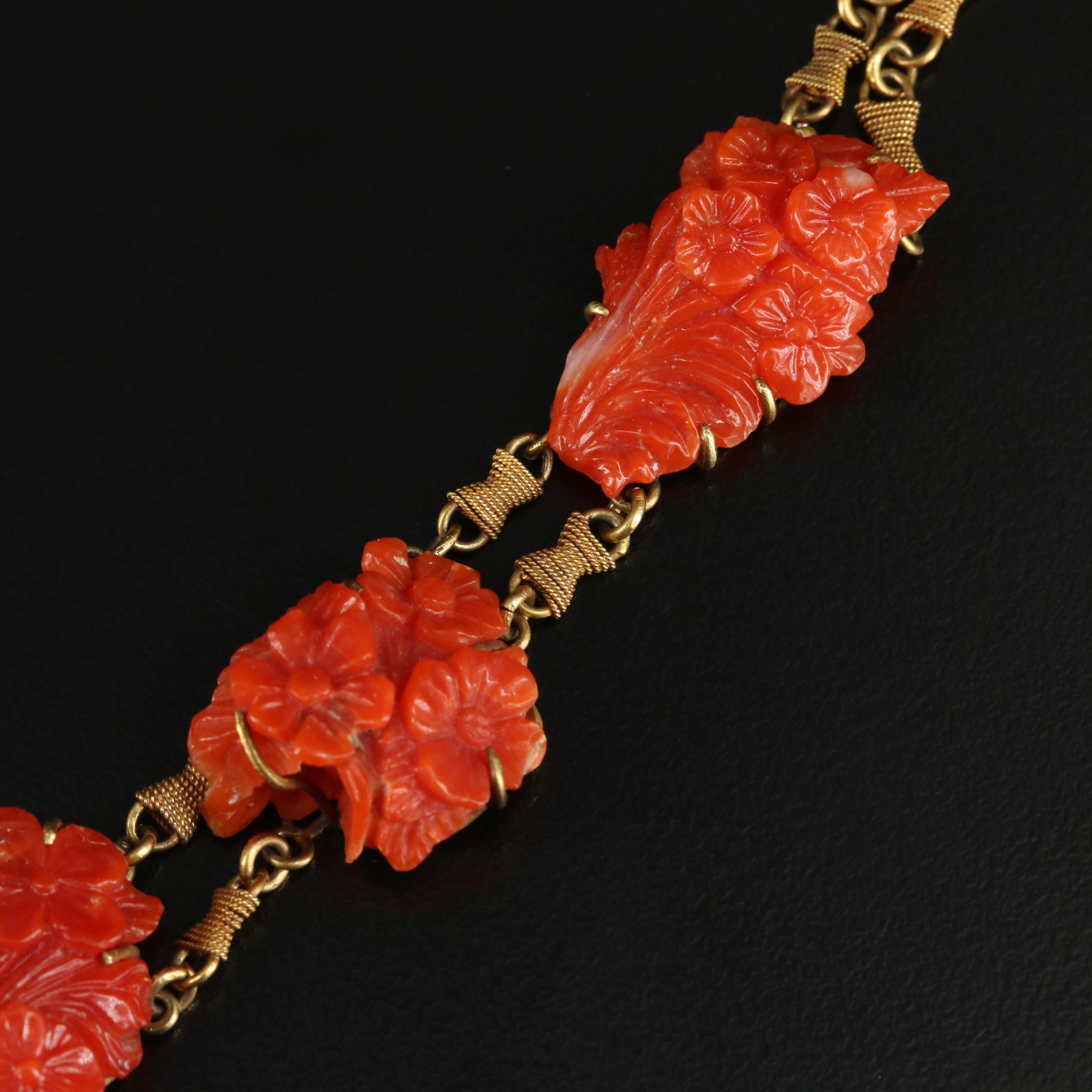 Victorian 14K Carved Coral Flower Necklace
