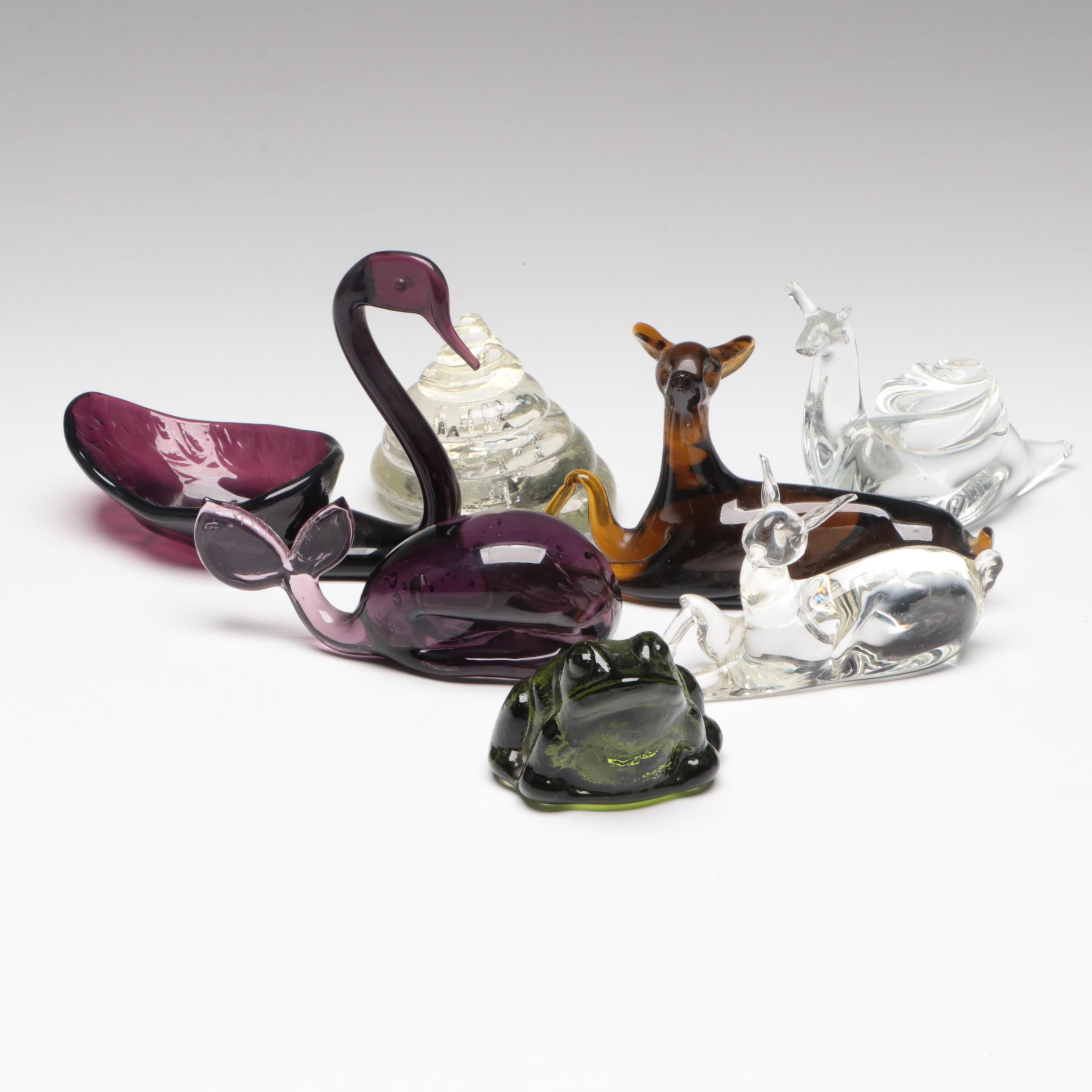 Bischoff Purple Amethyst Blown Glass Swan Bowl with Other Art Glass Animals