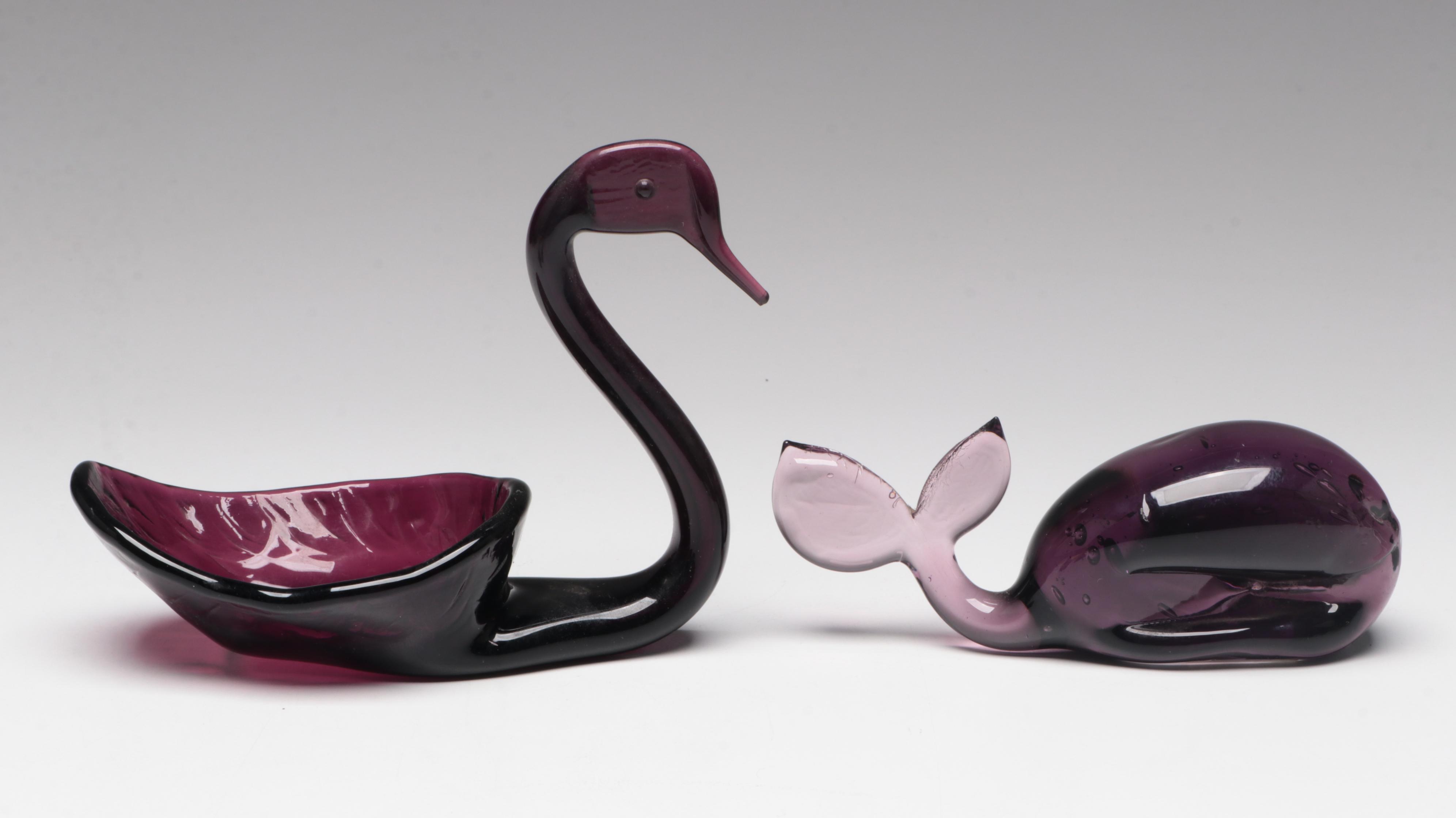 Bischoff Purple Amethyst Blown Glass Swan Bowl with Other Art Glass Animals