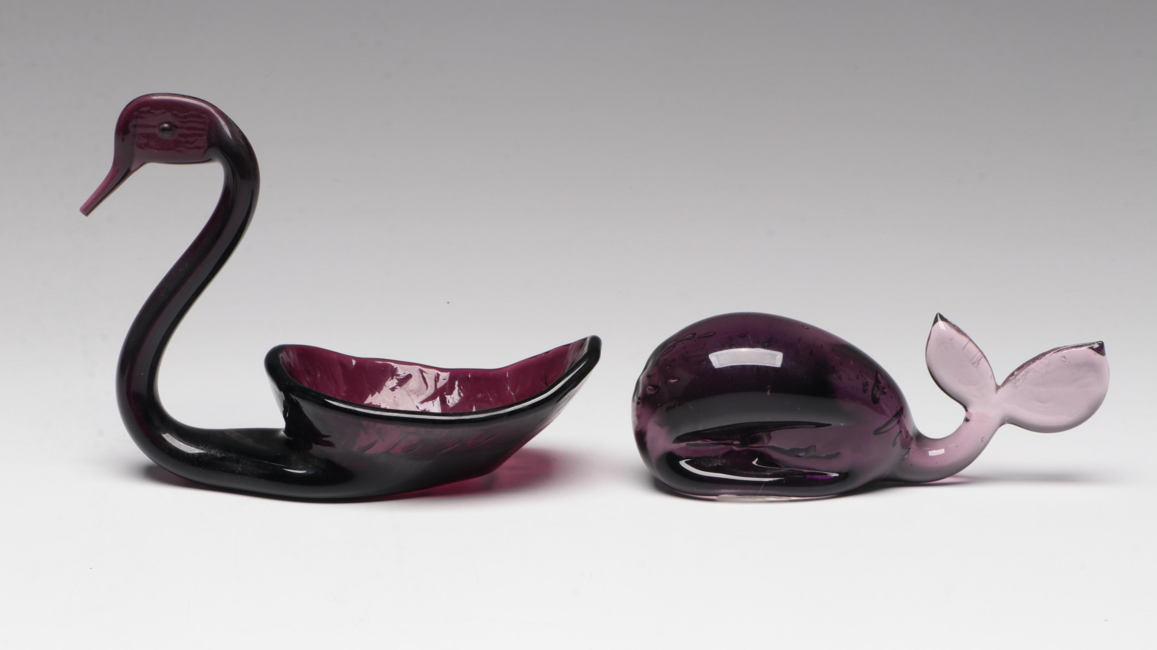 Bischoff Purple Amethyst Blown Glass Swan Bowl with Other Art Glass Animals