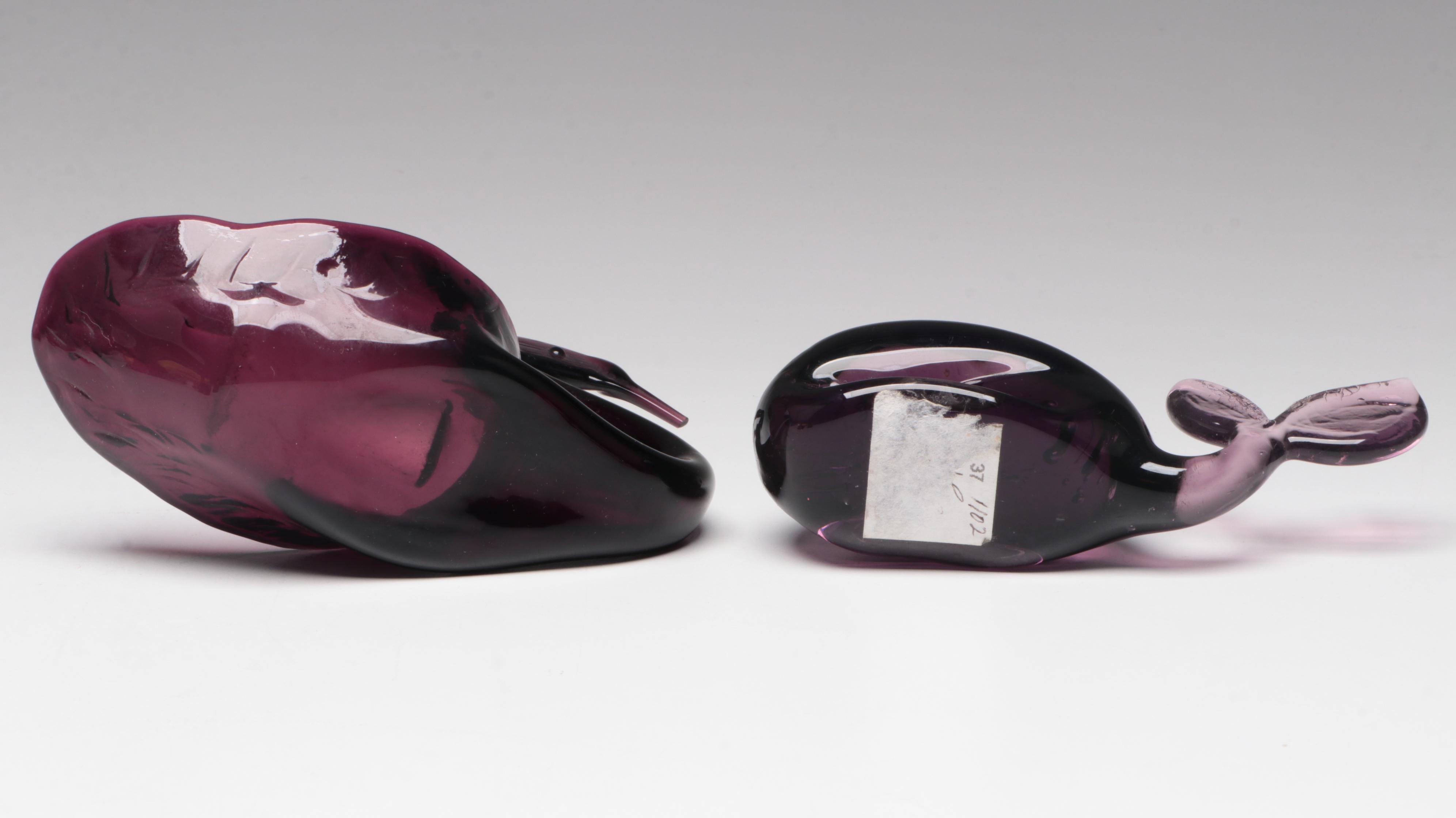 Bischoff Purple Amethyst Blown Glass Swan Bowl with Other Art Glass Animals