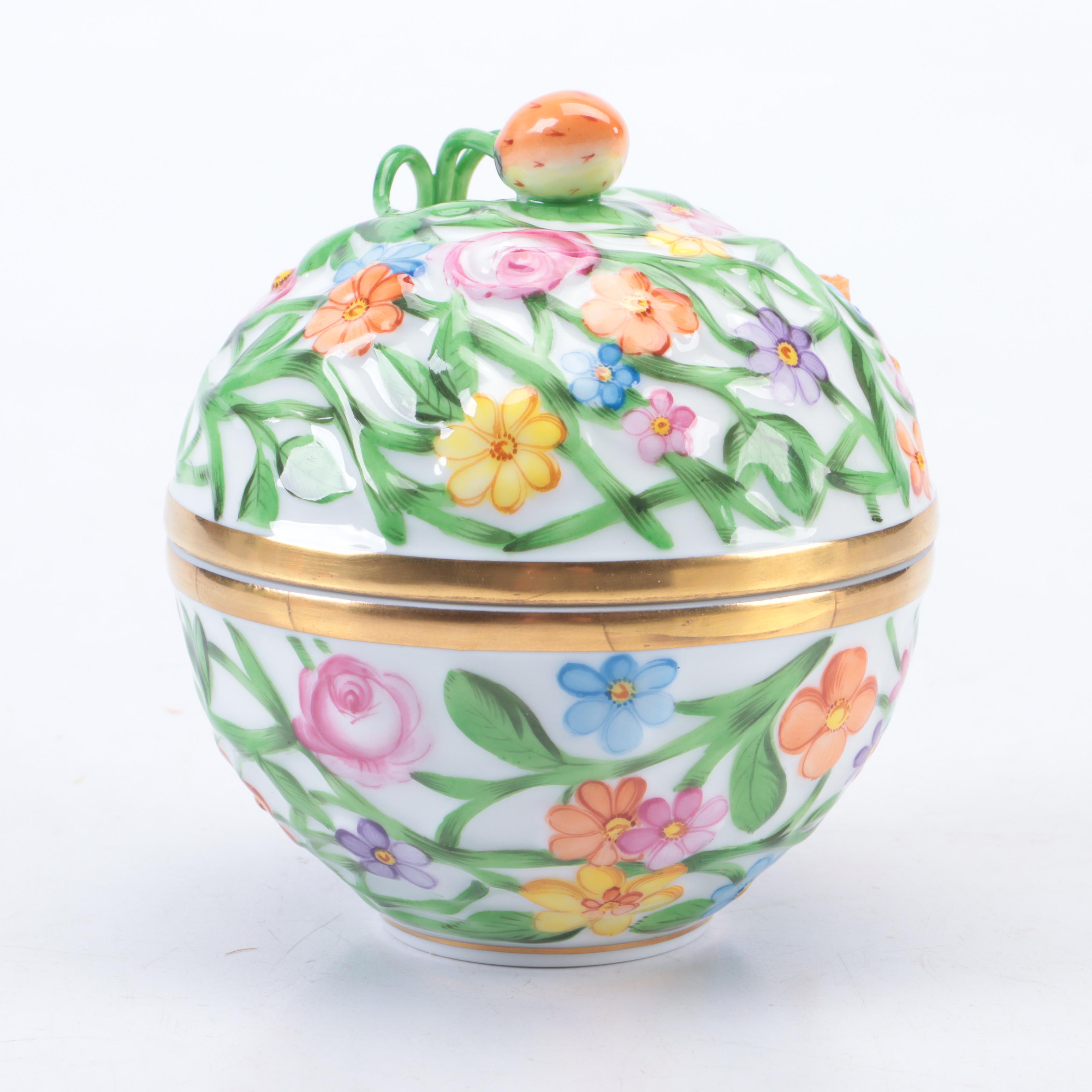 Herend Strawberry Finial Porcelain Round Box with Lid