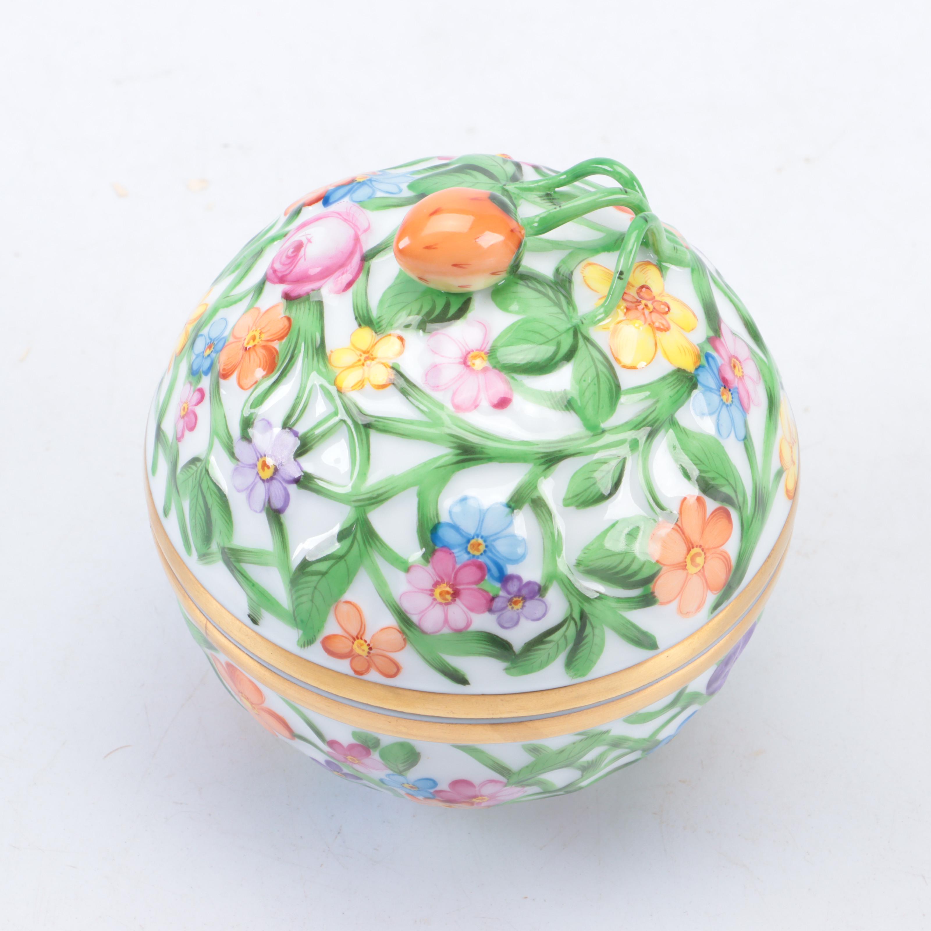 Herend Strawberry Finial Porcelain Round Box with Lid