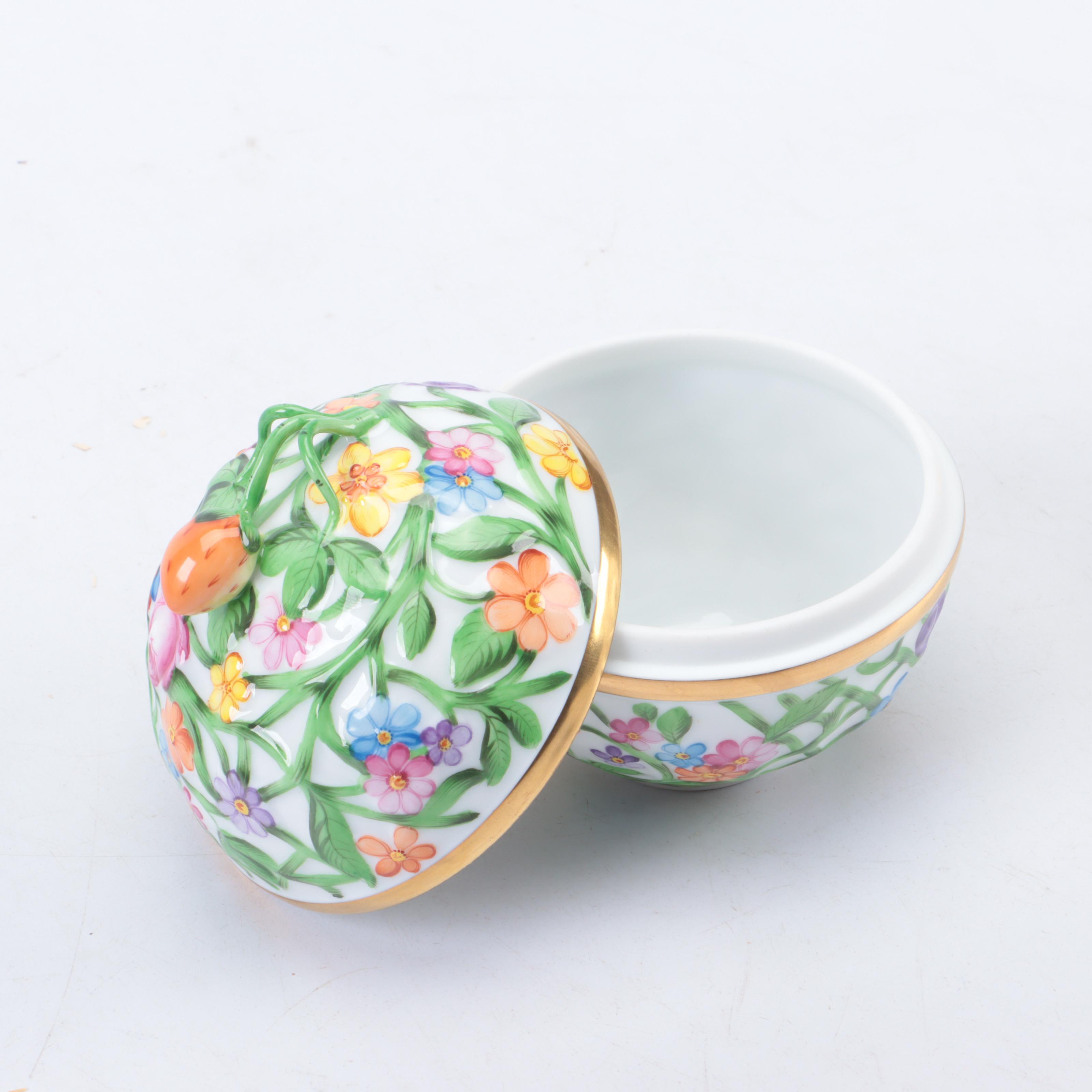 Herend Strawberry Finial Porcelain Round Box with Lid