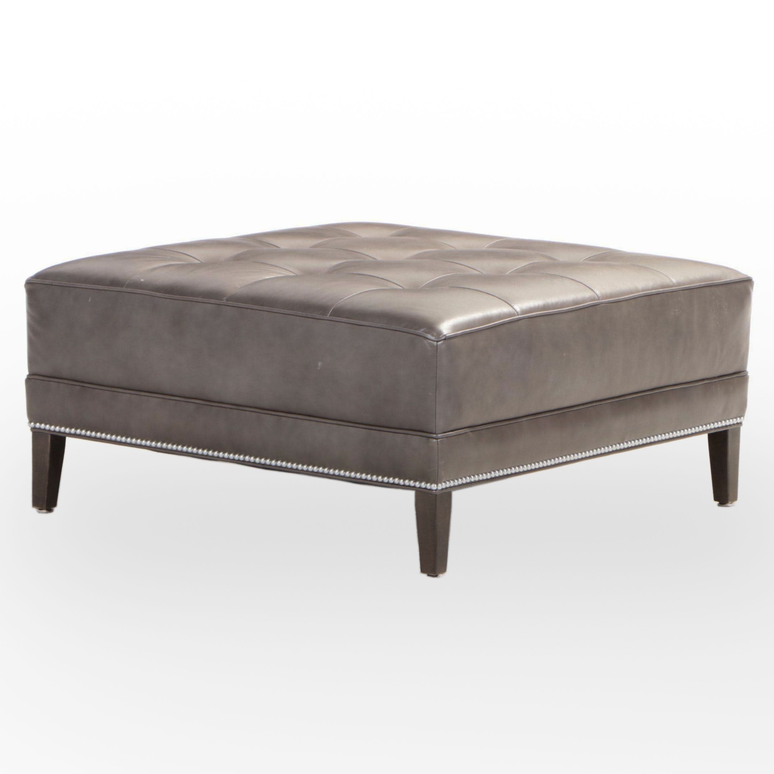 Ethan Allen Button-Tufted Leather Cocktail Ottoman with Nailheads