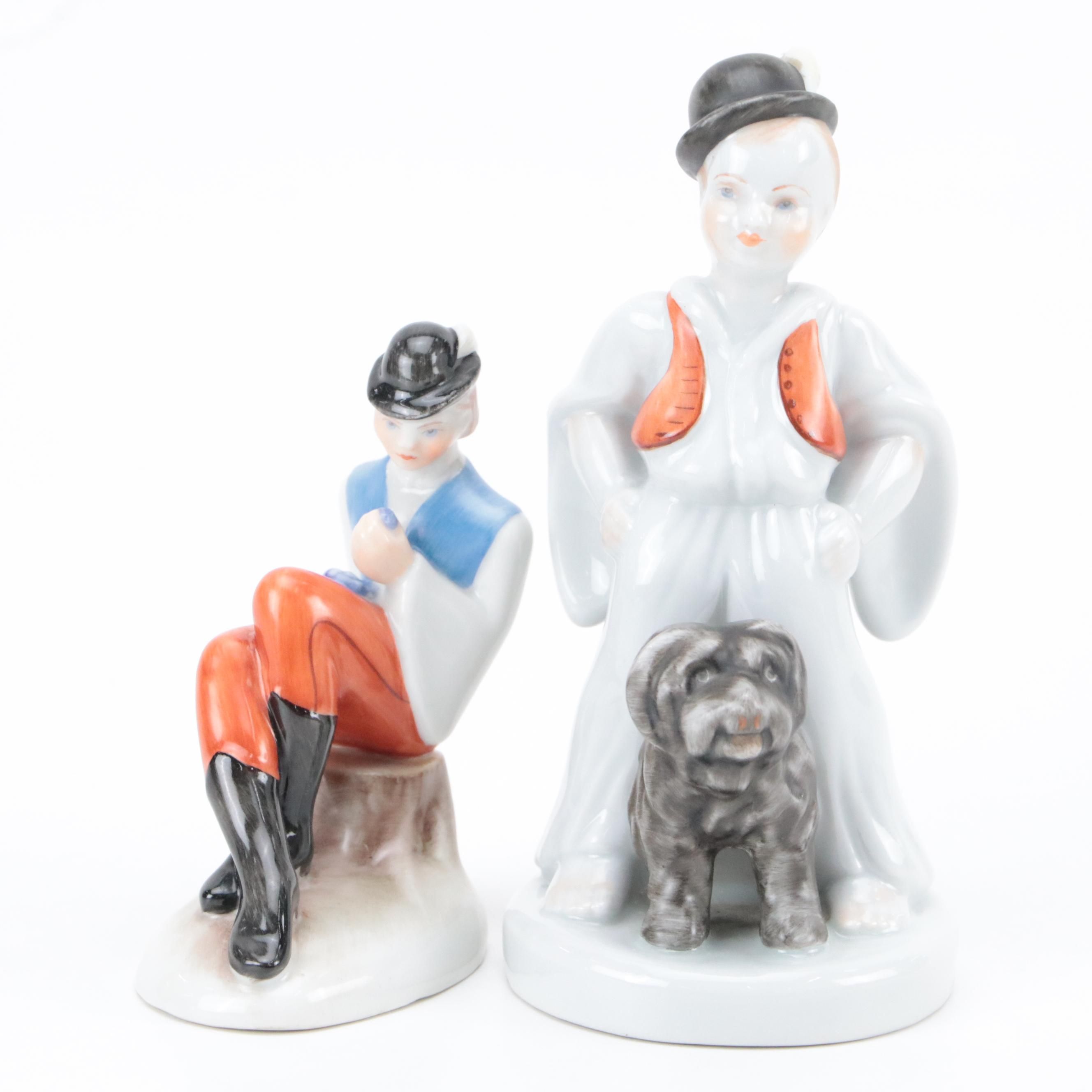Herend "Man Eating Grapes" and "Boy with Puli Dog" Porcelain Figurines