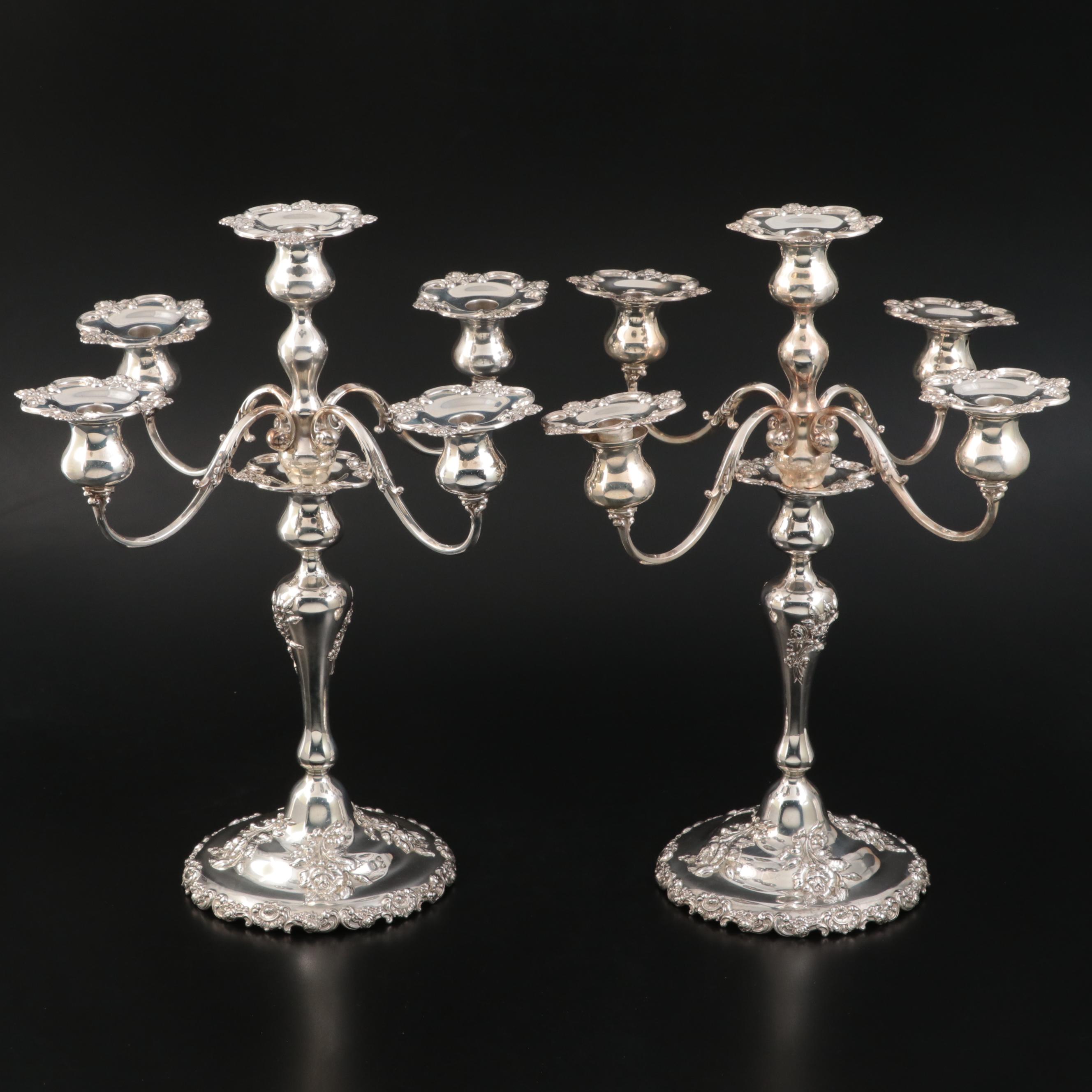 Shreve & Co Baroque Style Sterling Silver 5 Light Candelabras