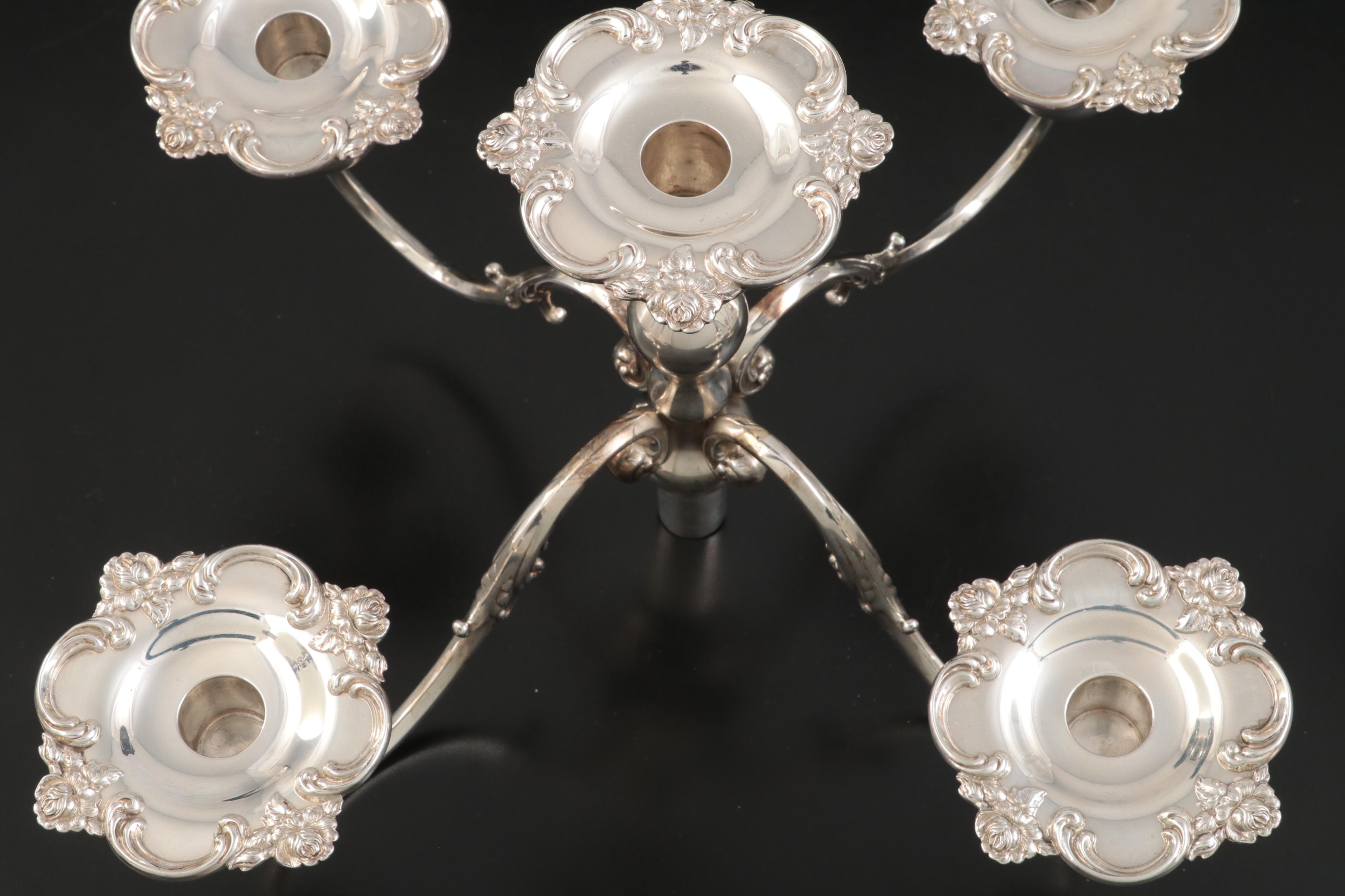 Shreve & Co Baroque Style Sterling Silver 5 Light Candelabras