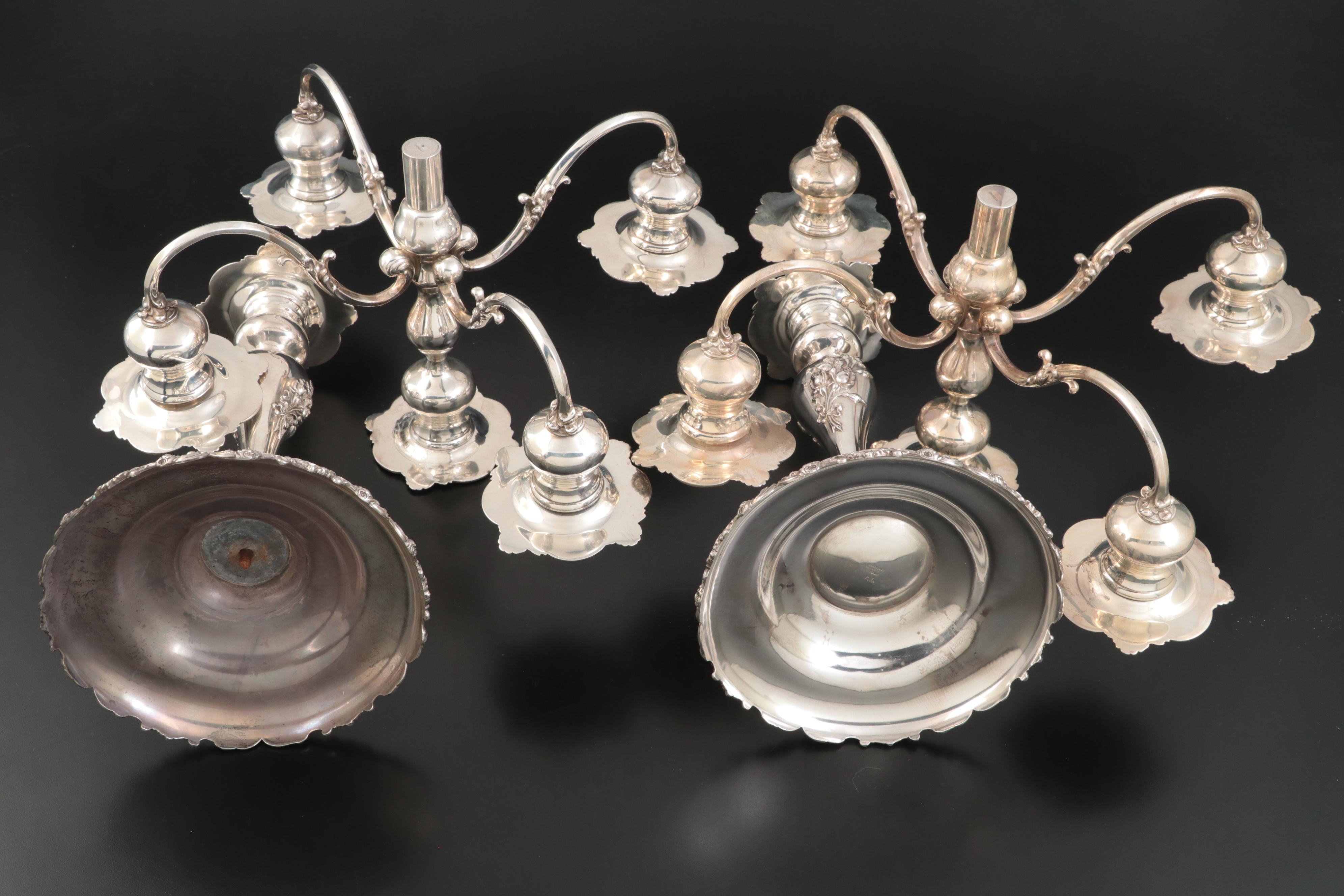 Shreve & Co Baroque Style Sterling Silver 5 Light Candelabras