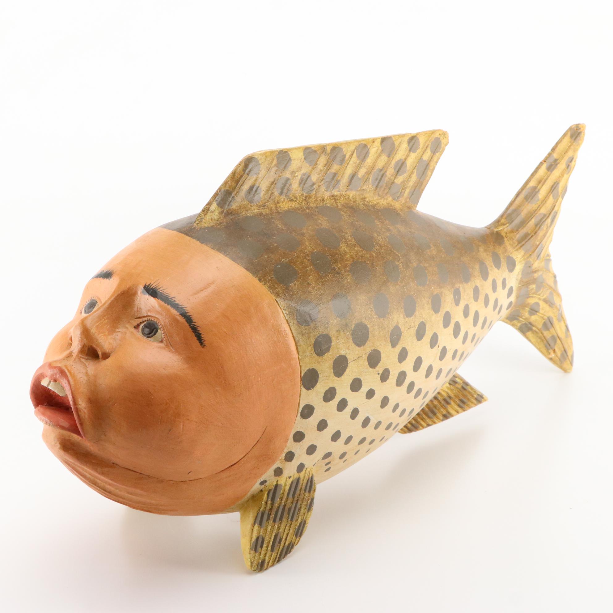 Hand-Carved Painted Wood Sculpture of a Fish with Human Head