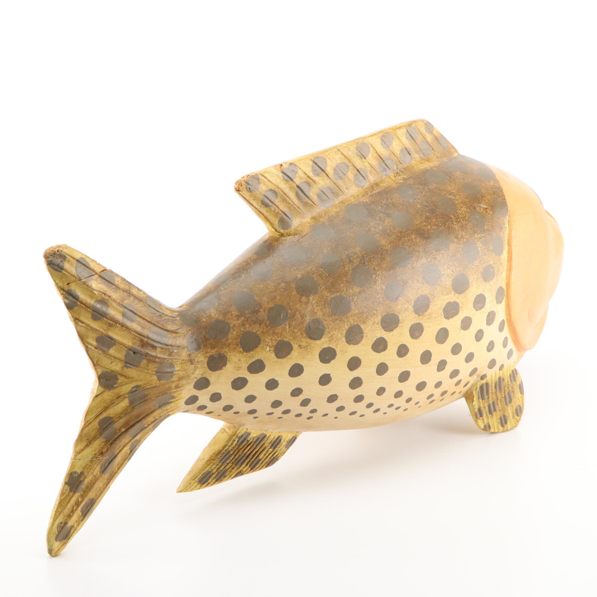 Hand-Carved Painted Wood Sculpture of a Fish with Human Head