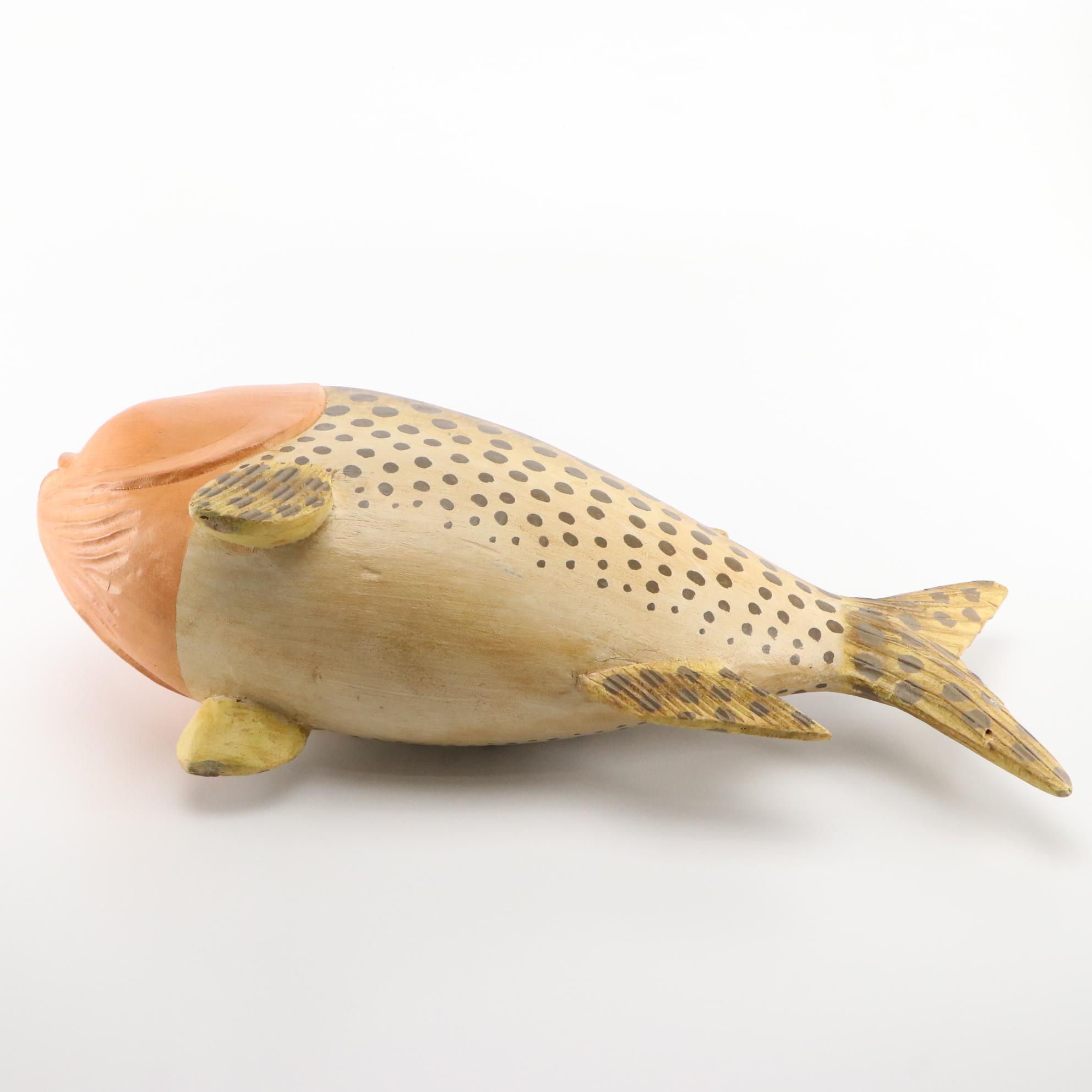 Hand-Carved Painted Wood Sculpture of a Fish with Human Head