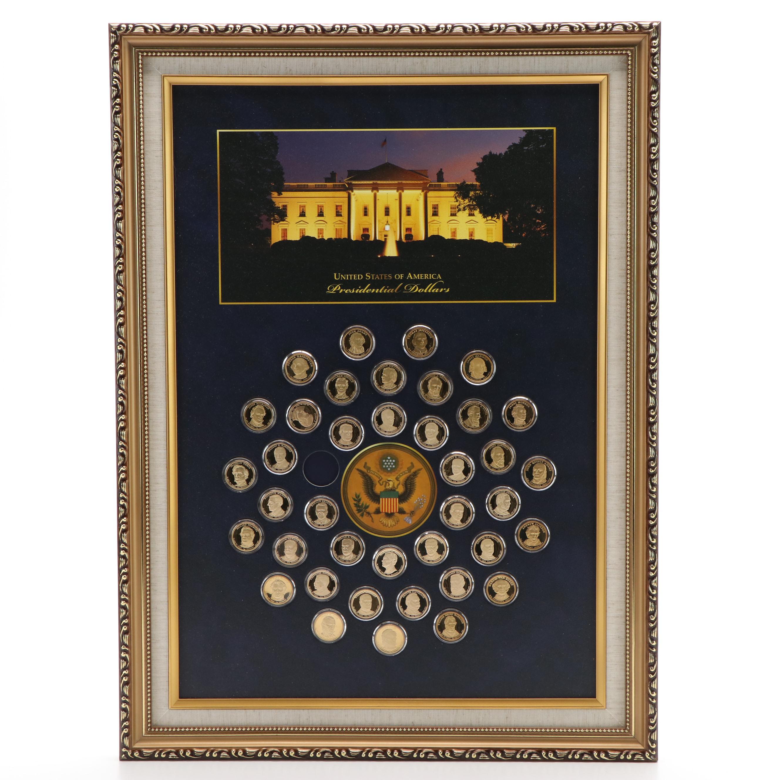 Nearly Complete Framed Presidential Dollar Collection