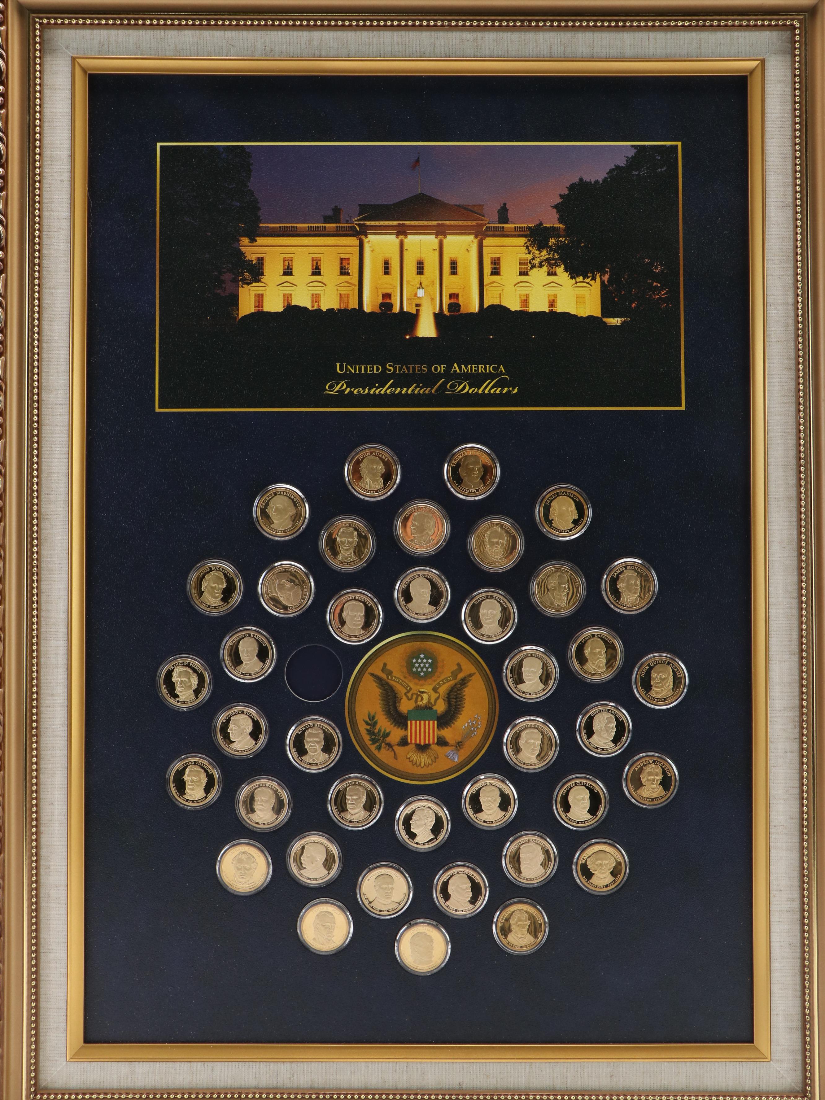 Nearly Complete Framed Presidential Dollar Collection