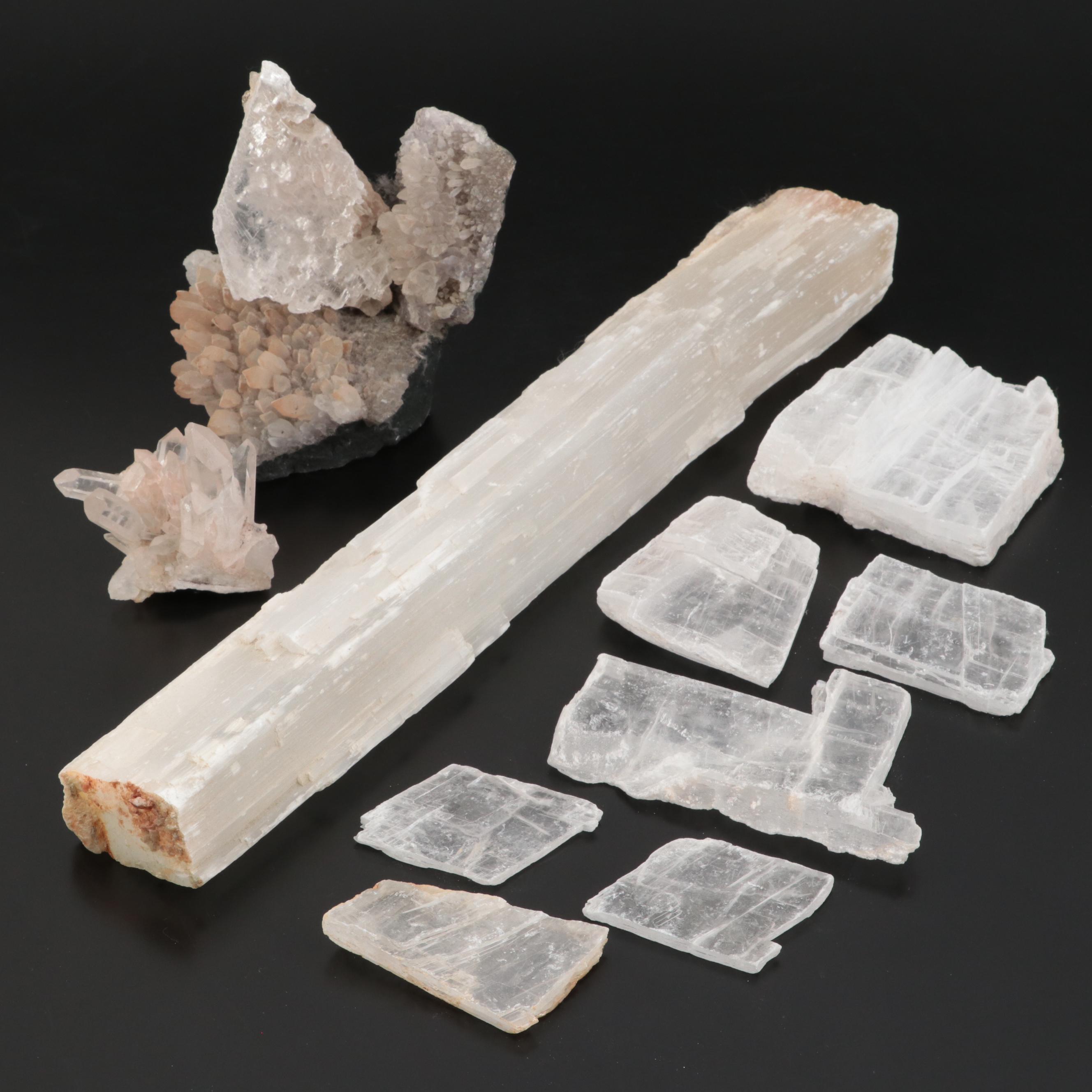 Selenite Tower, Slabs, Dog Tooth Spar and Quartz Specimens