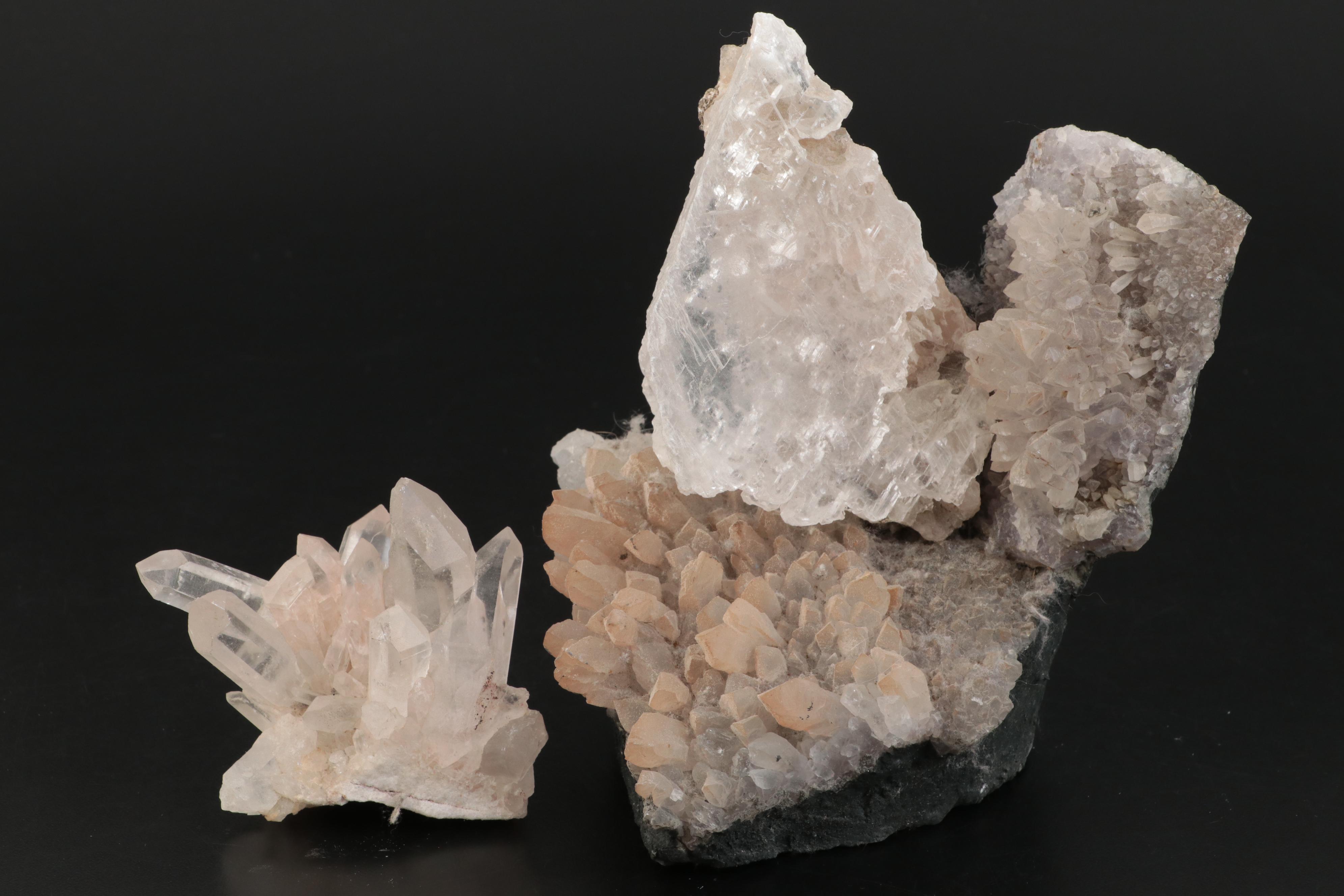 Selenite Tower, Slabs, Dog Tooth Spar and Quartz Specimens