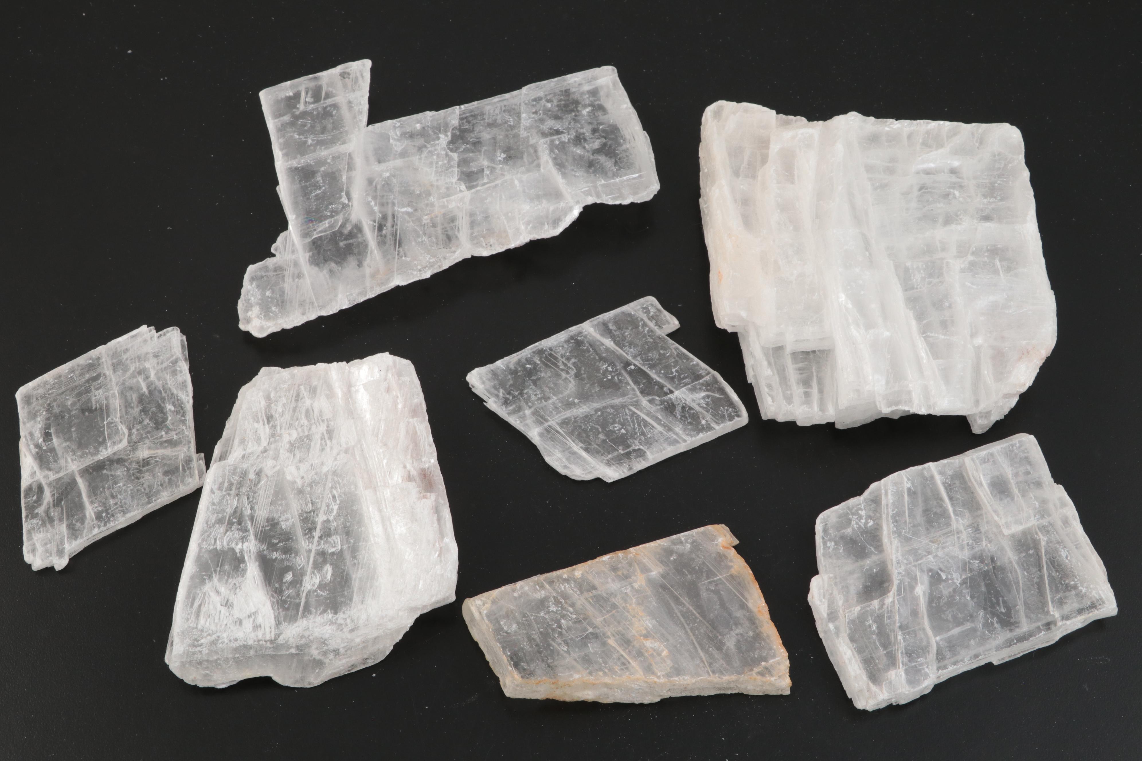 Selenite Tower, Slabs, Dog Tooth Spar and Quartz Specimens