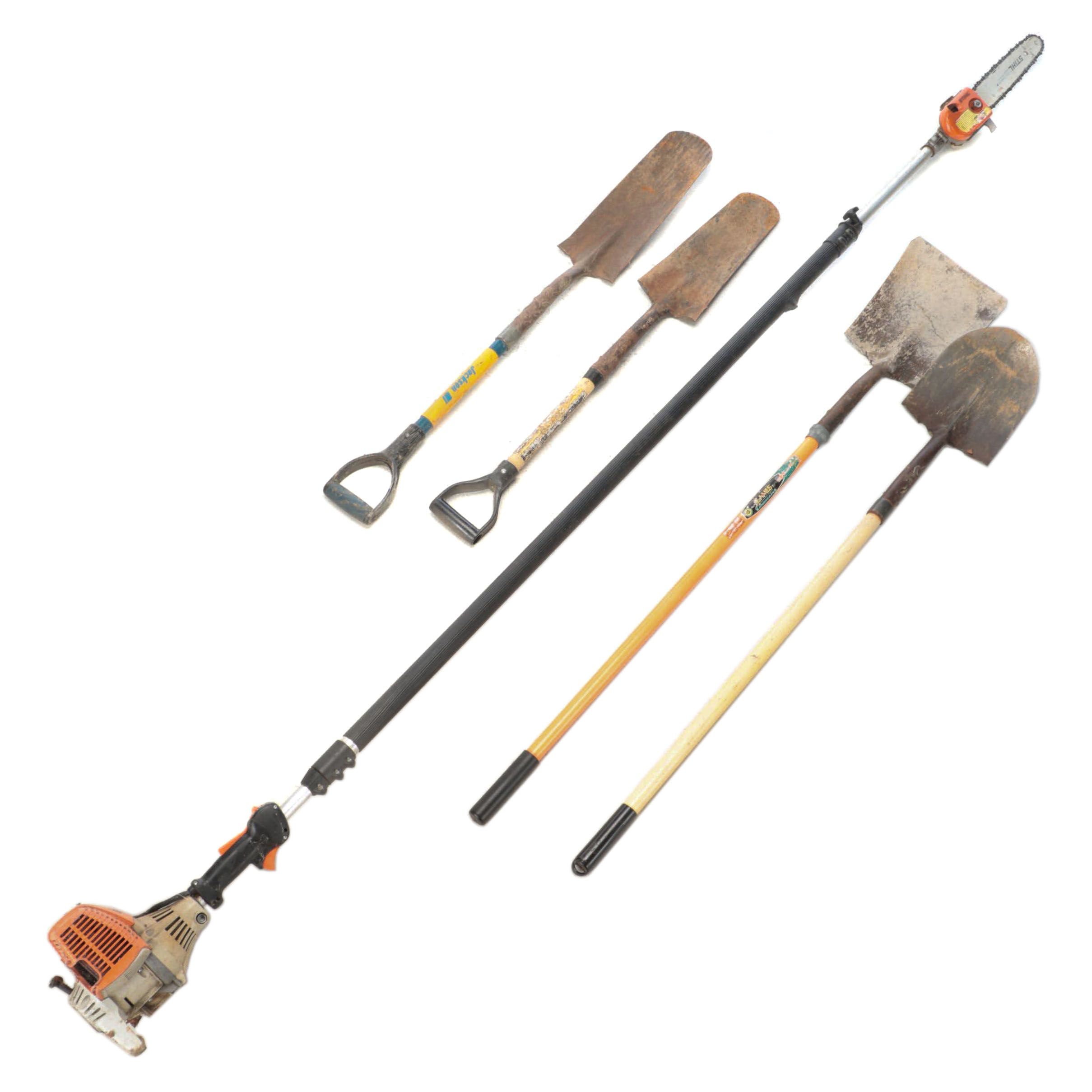Stihl Pole Top Chainsaw Pruner with Post Hole Diggers and Garden Shovels