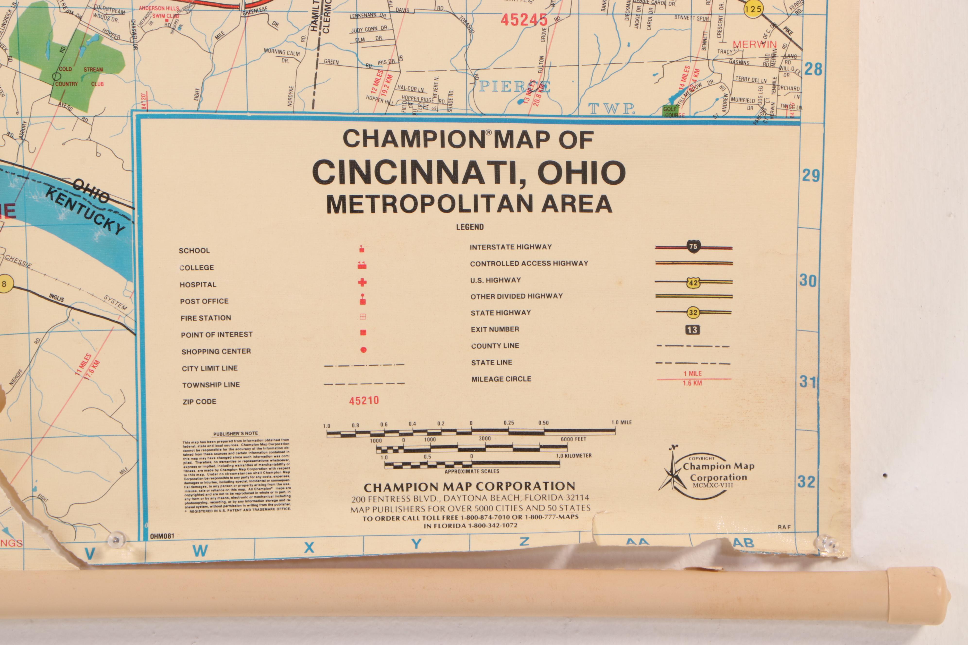 Champion Map Corp Cincinnati Metropolitan Area Wall Map, 1998