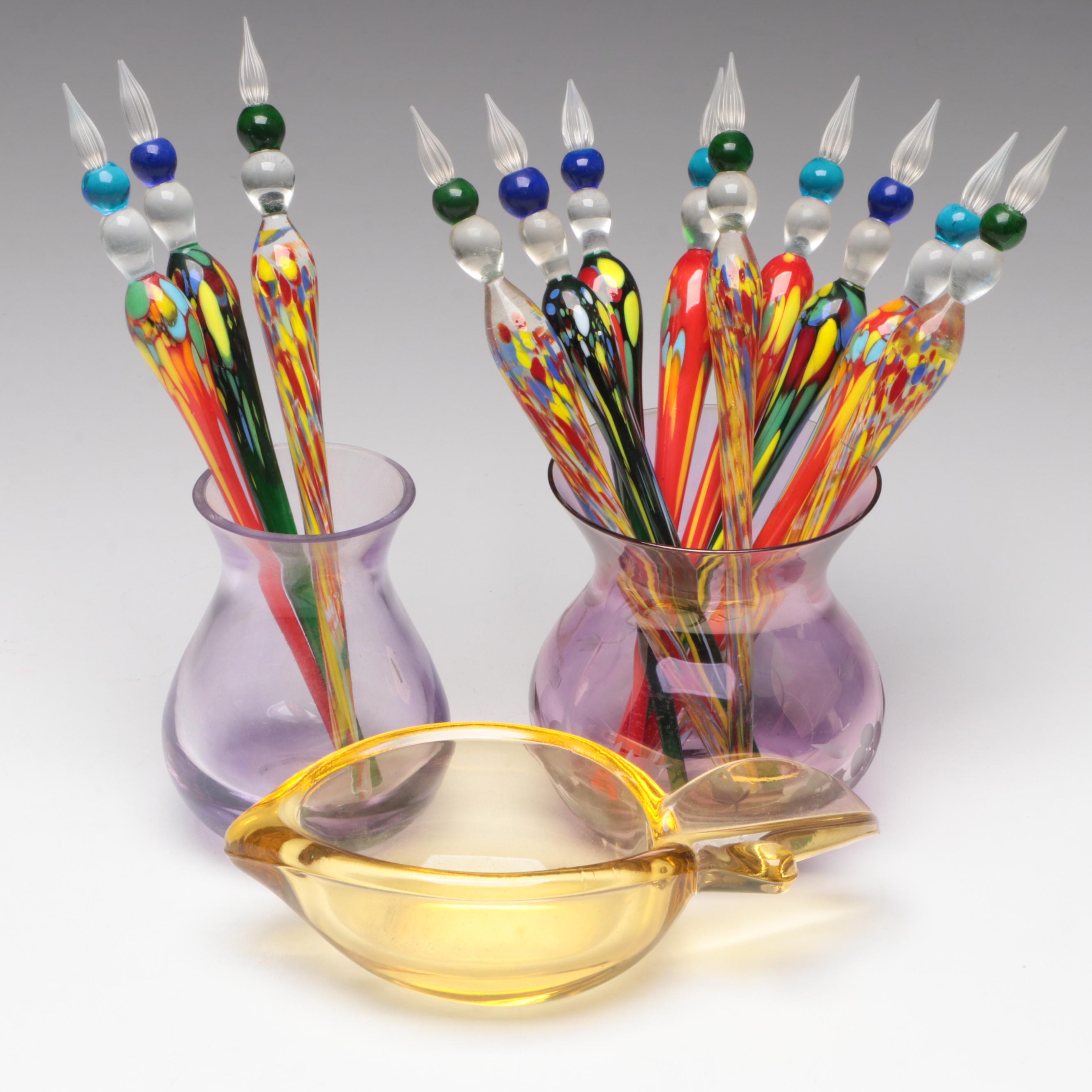 Purple Glass Vases with Glass Calligraphy Pens and Lemon Shaped Bowl