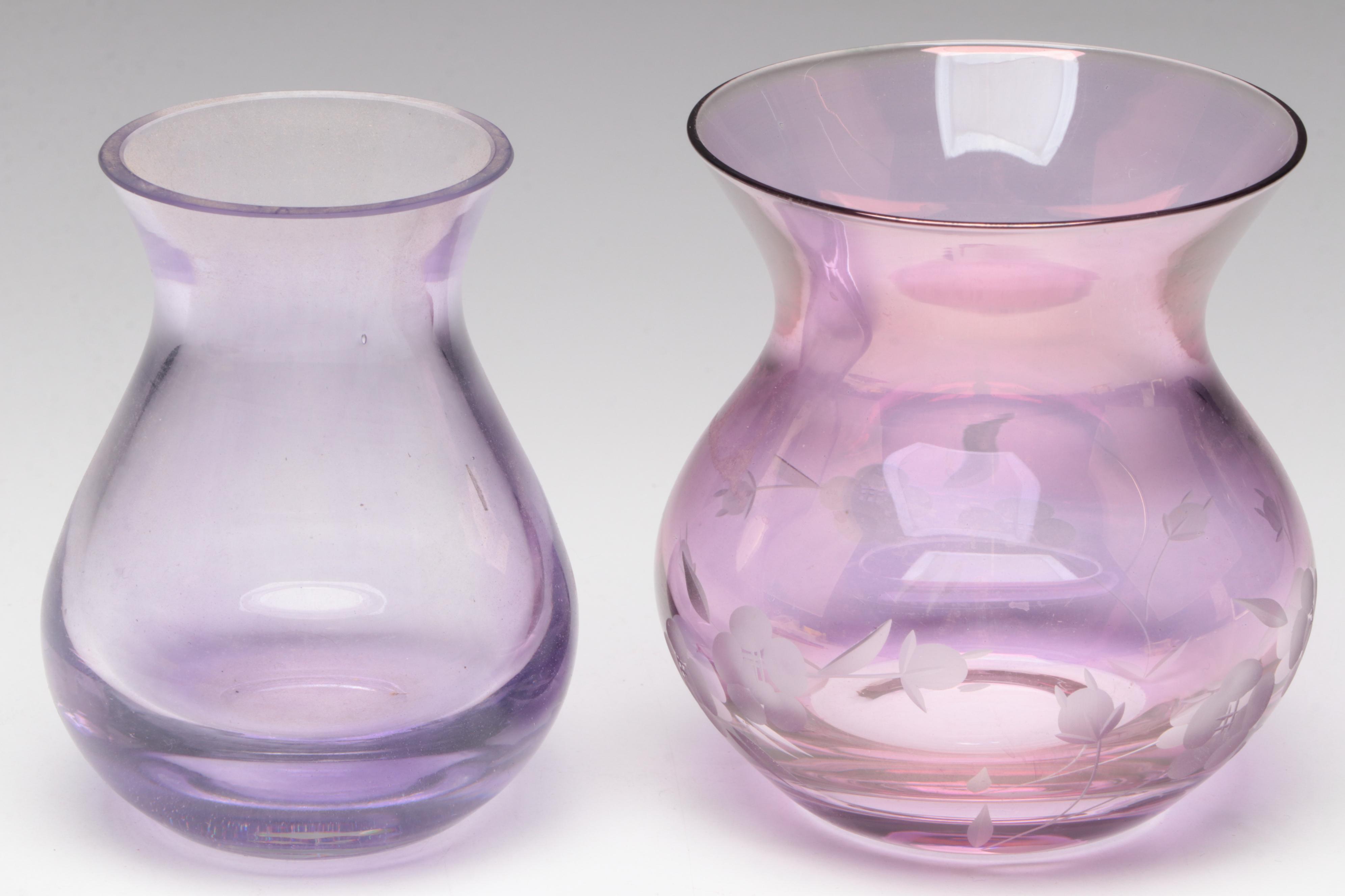 Purple Glass Vases with Glass Calligraphy Pens and Lemon Shaped Bowl