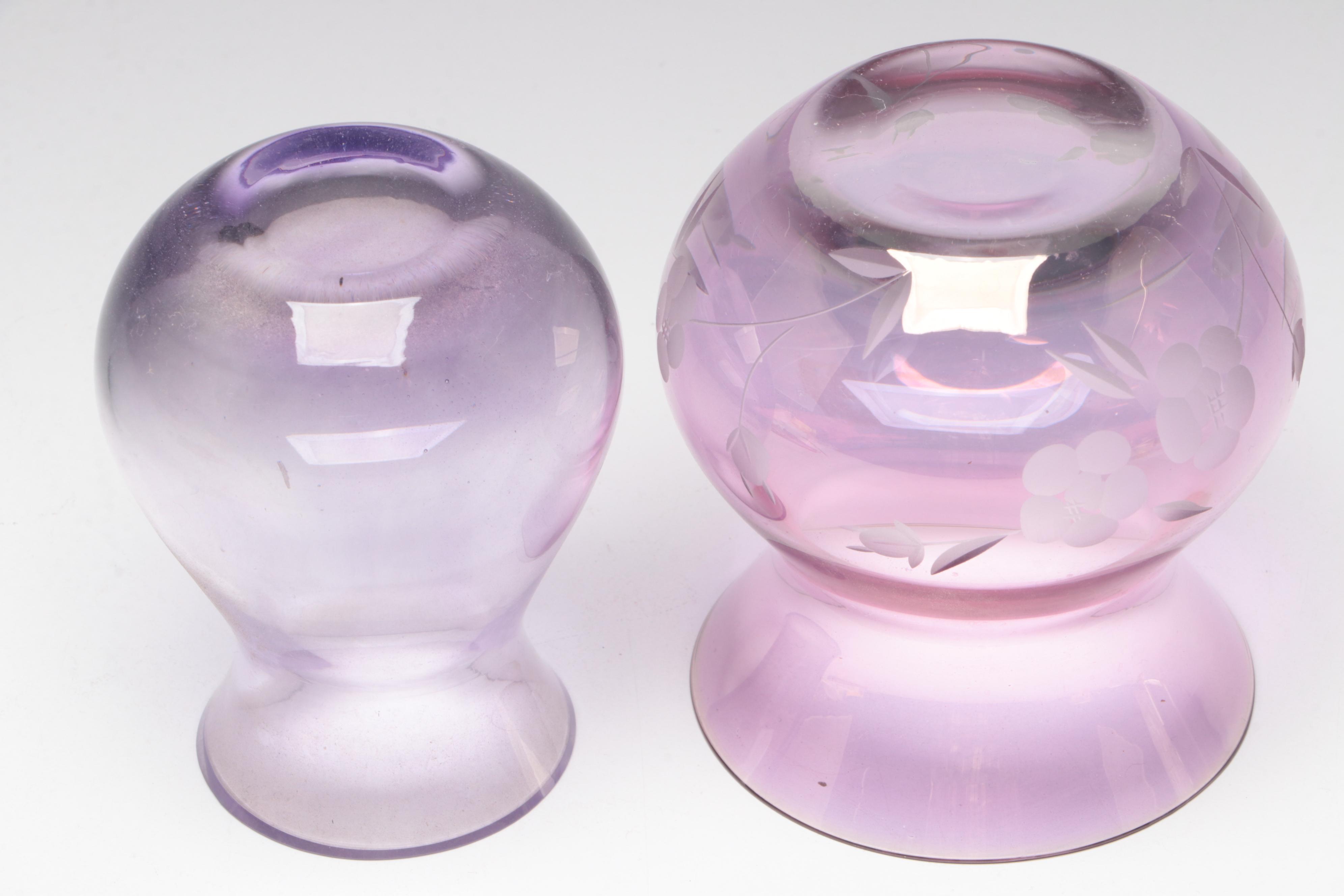 Purple Glass Vases with Glass Calligraphy Pens and Lemon Shaped Bowl