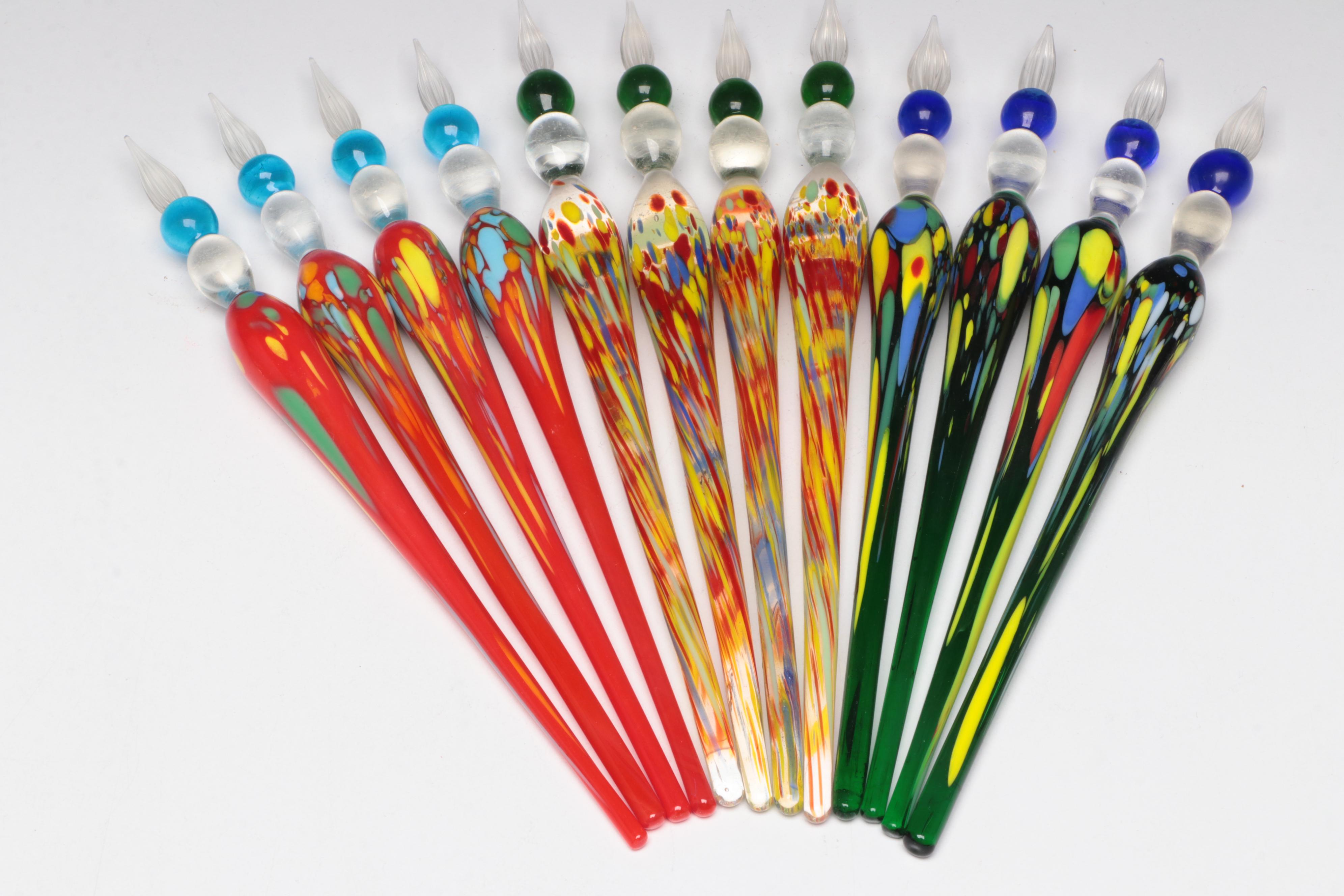 Purple Glass Vases with Glass Calligraphy Pens and Lemon Shaped Bowl