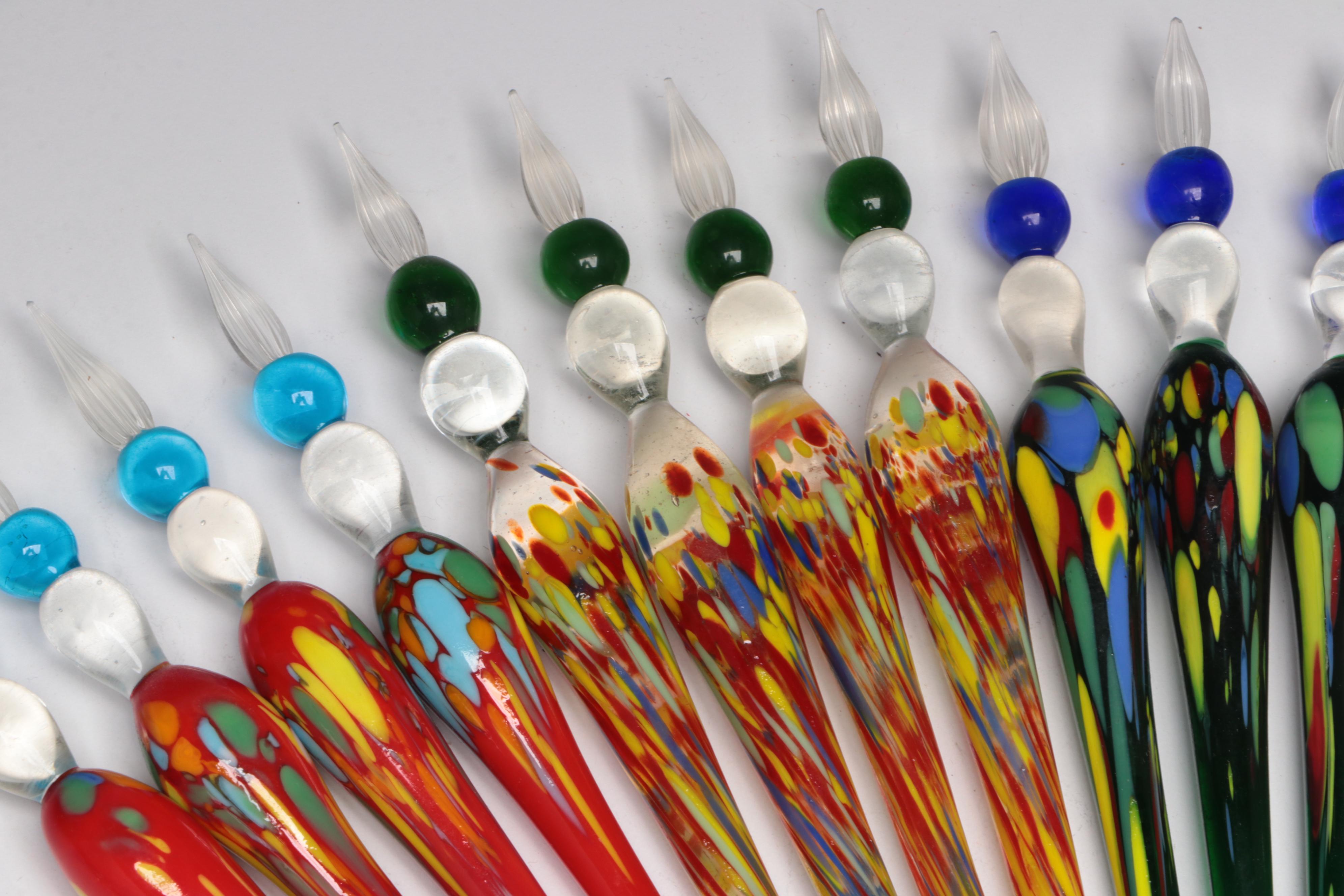 Purple Glass Vases with Glass Calligraphy Pens and Lemon Shaped Bowl