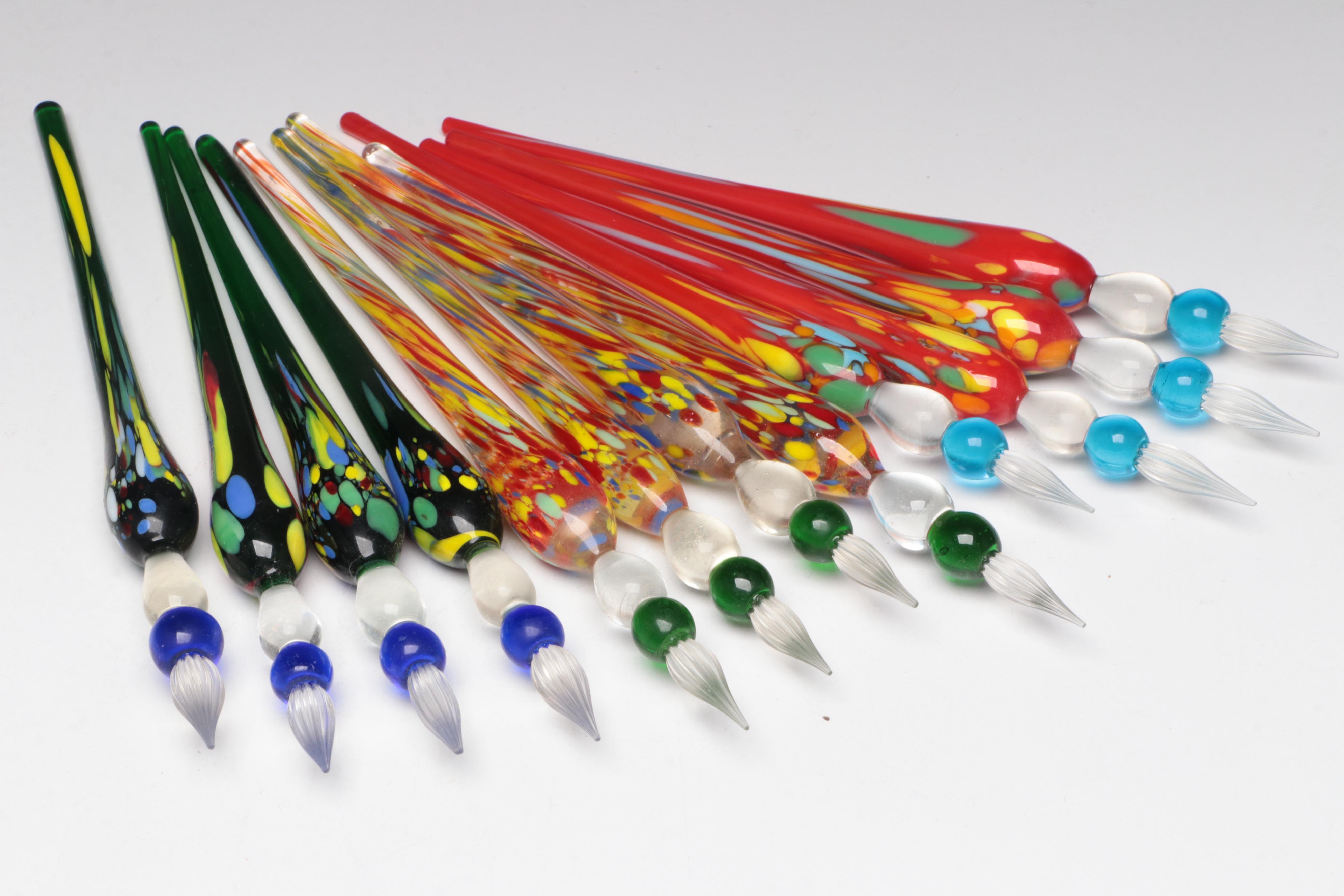 Purple Glass Vases with Glass Calligraphy Pens and Lemon Shaped Bowl