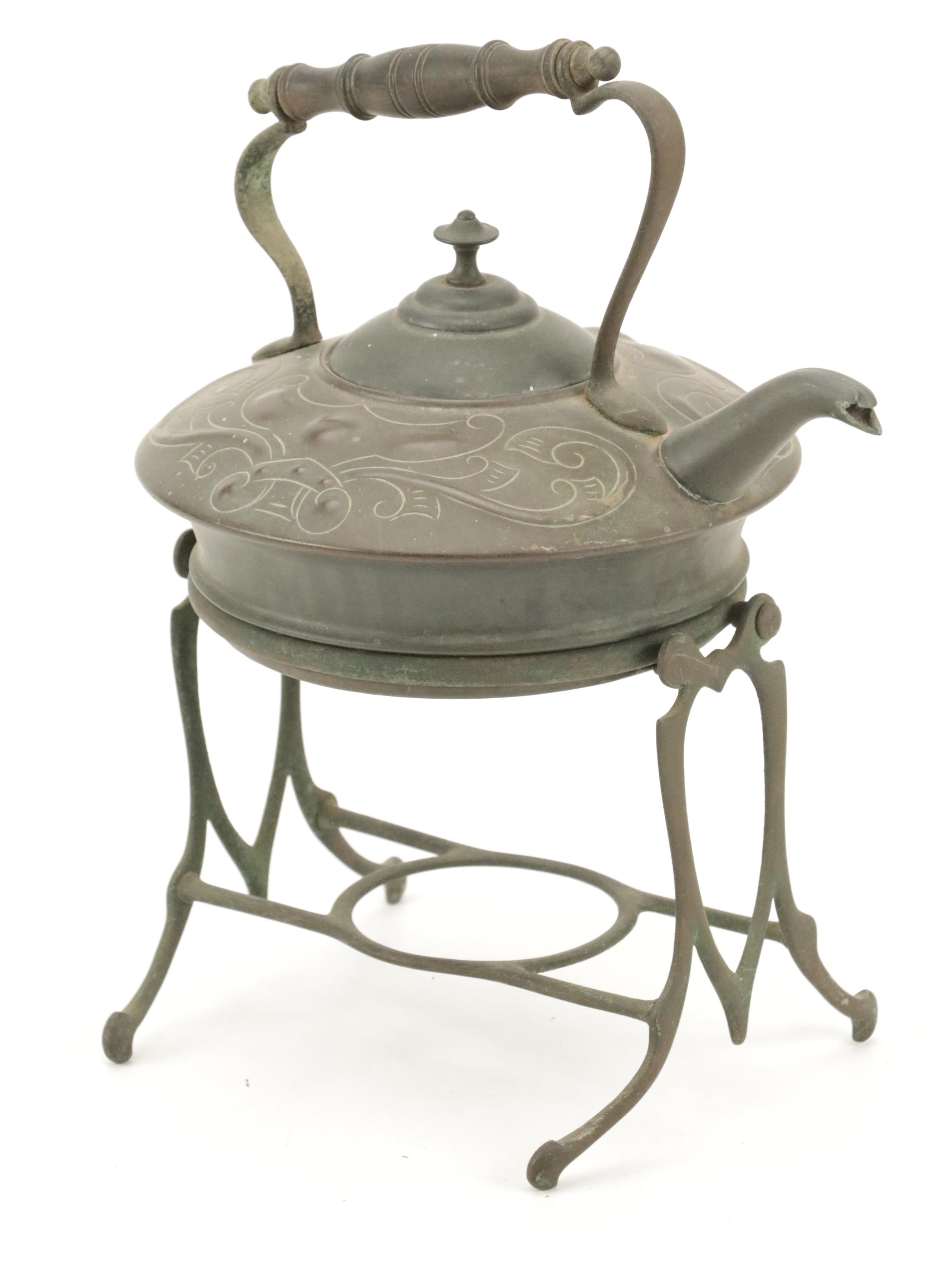 Kettle on Stand with Pine Tray and Other Decor, 20th Century