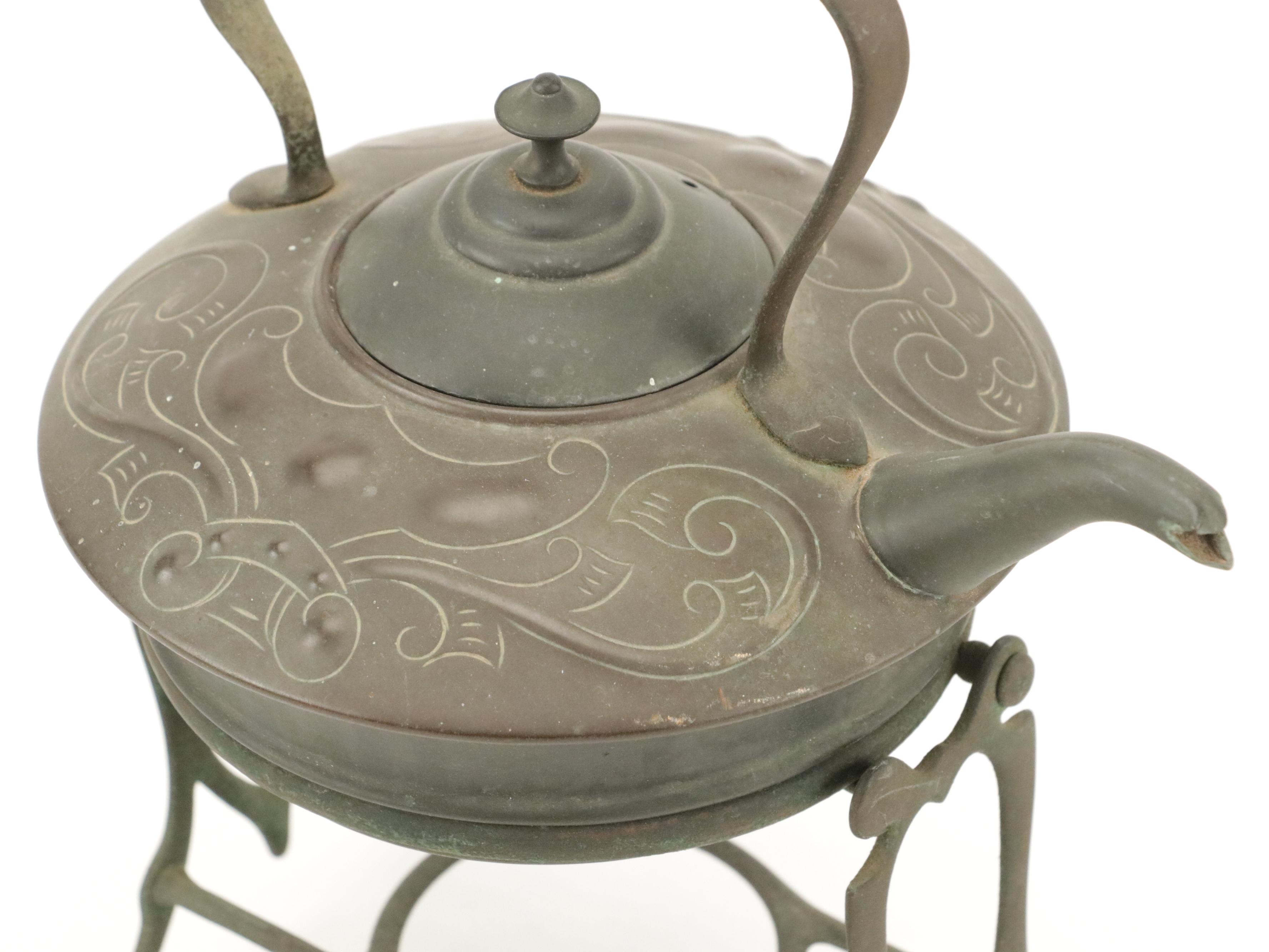 Kettle on Stand with Pine Tray and Other Decor, 20th Century