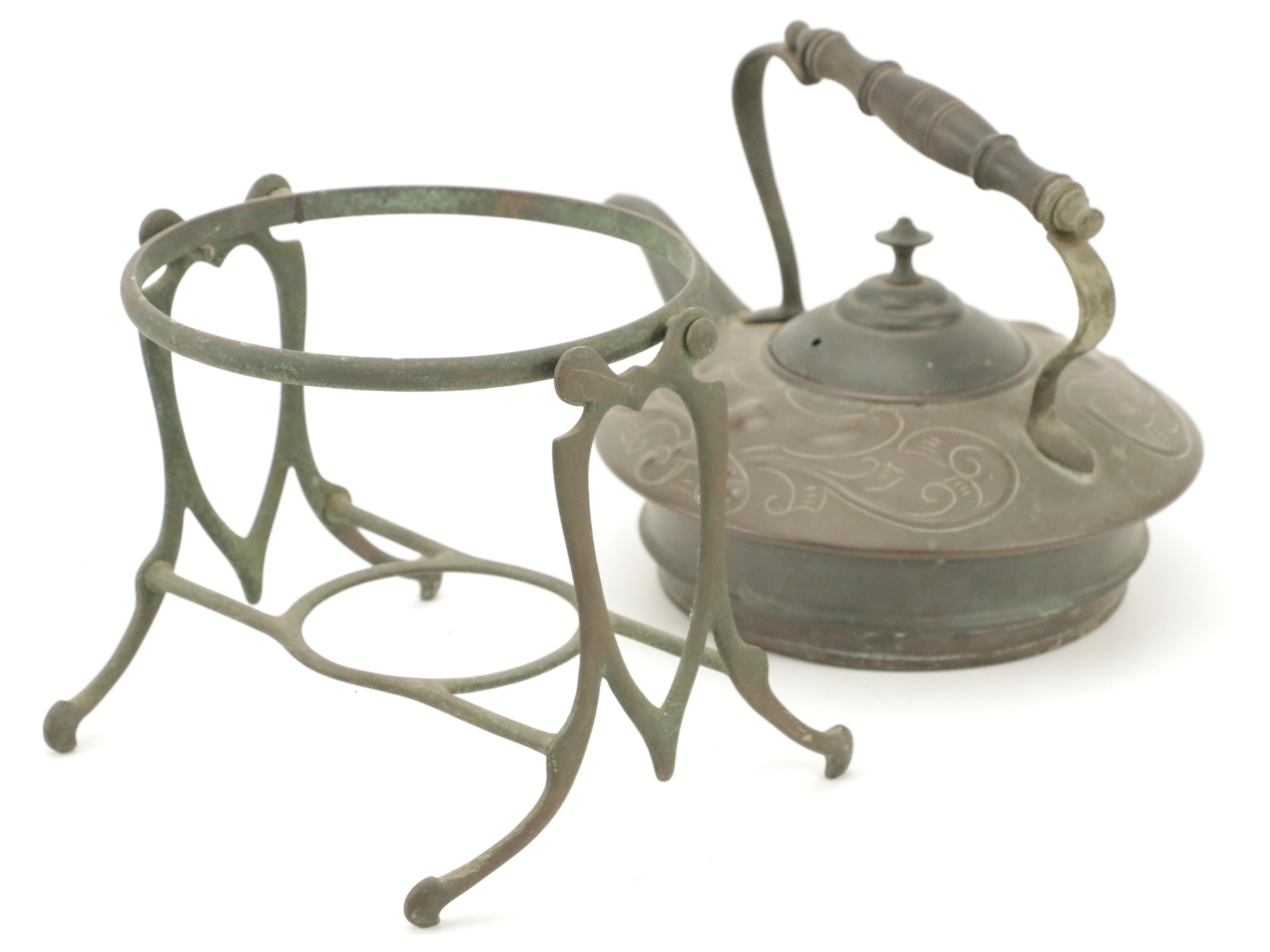 Kettle on Stand with Pine Tray and Other Decor, 20th Century