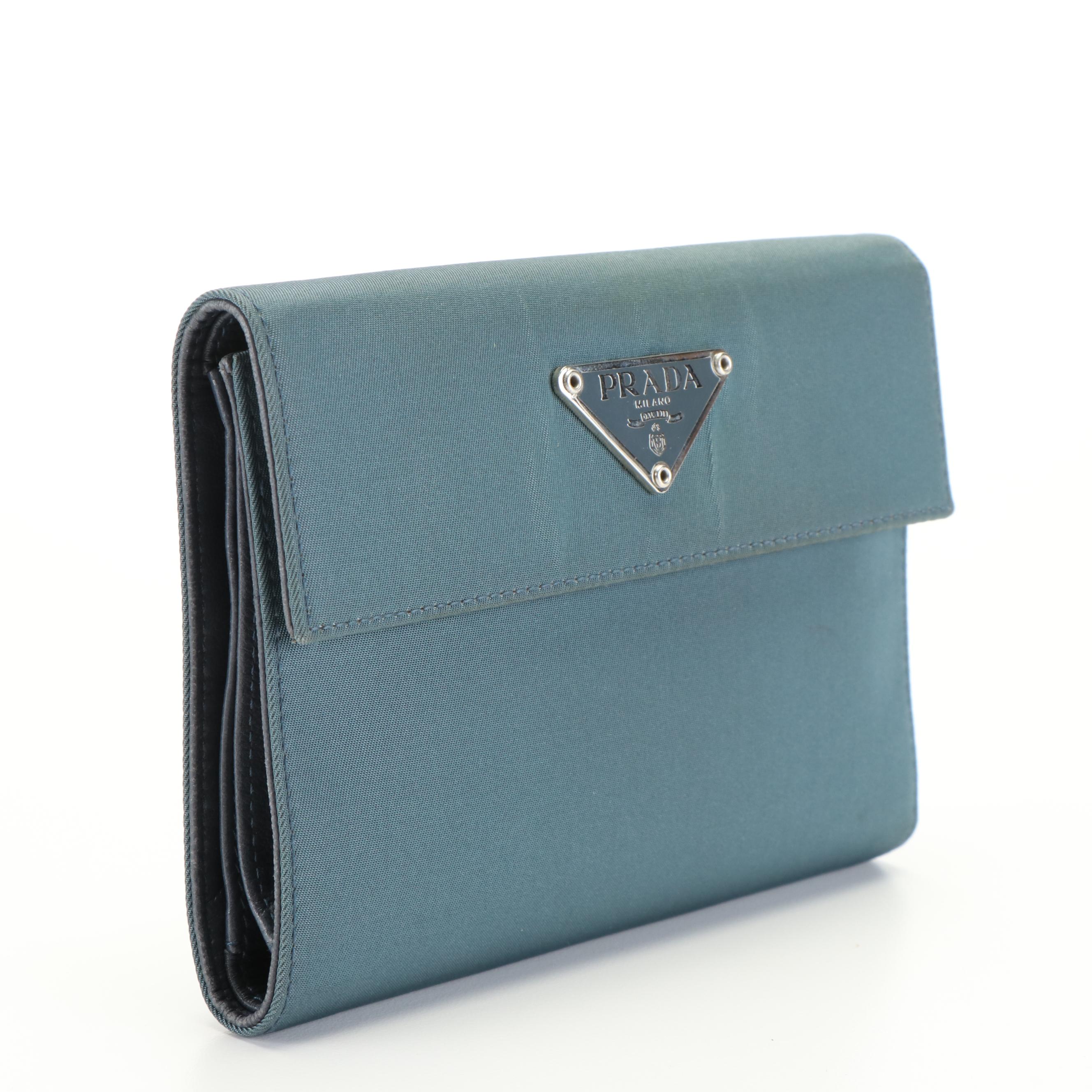 Prada Tessuto and Leather Blue Trifold Wallet