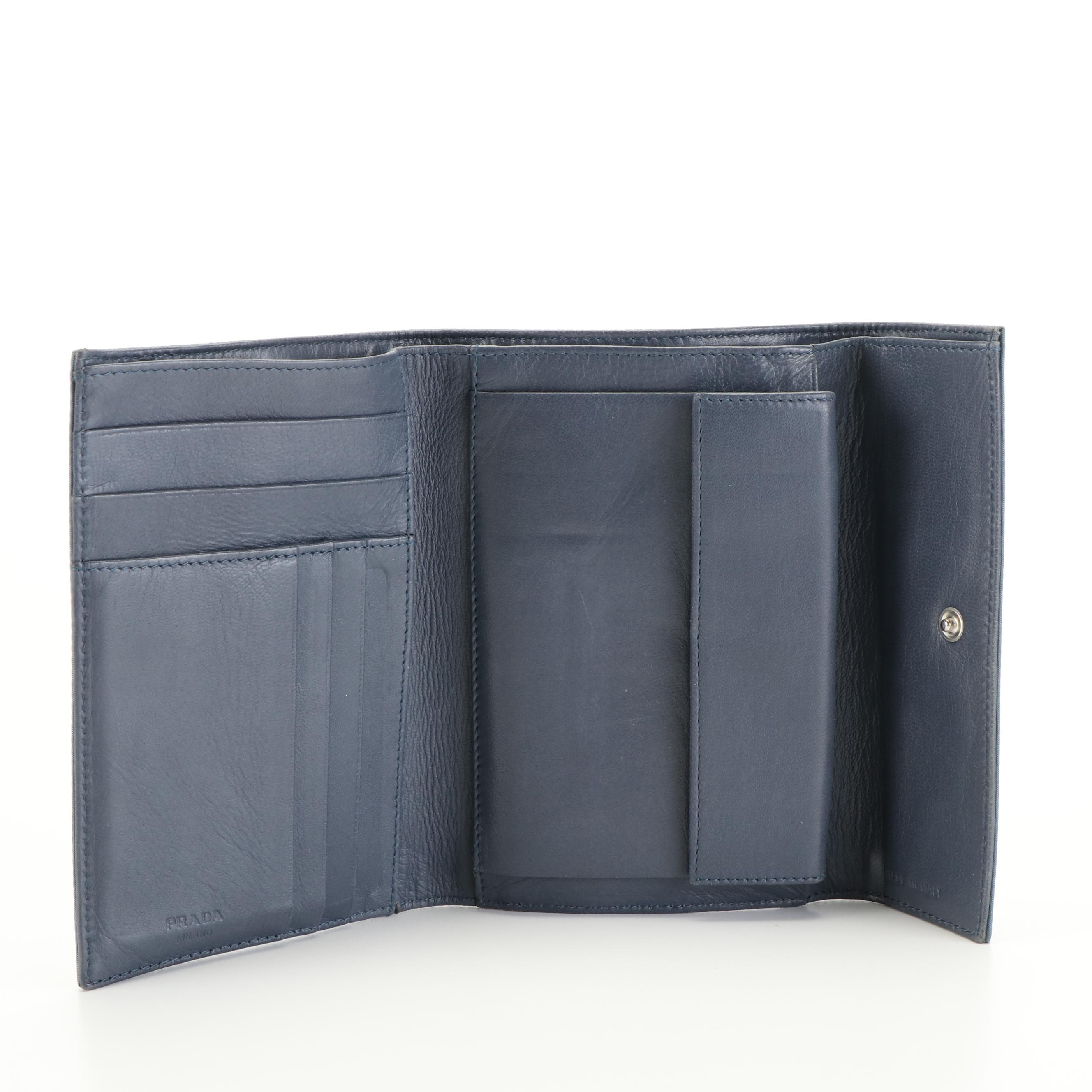 Prada Tessuto and Leather Blue Trifold Wallet