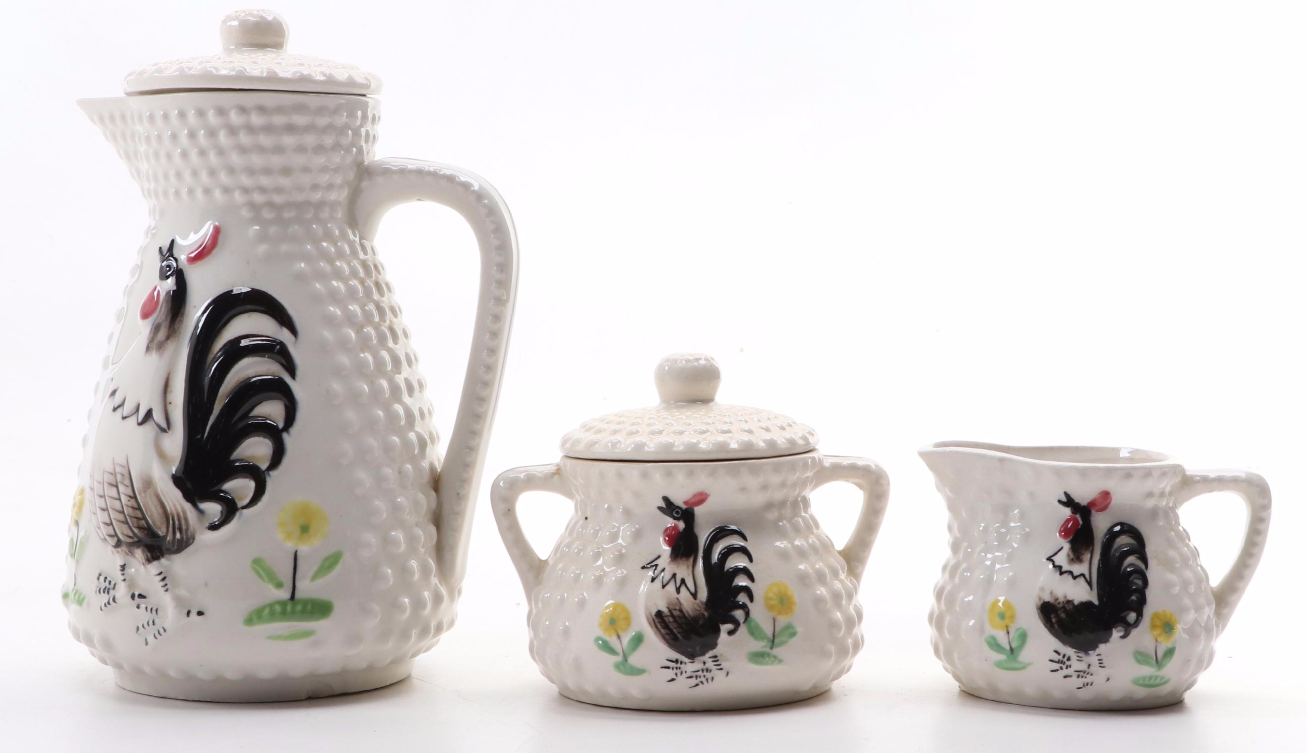 Tilso Ceramic Rooster Pitcher, Creamer and Sugar, Mid-20th Century